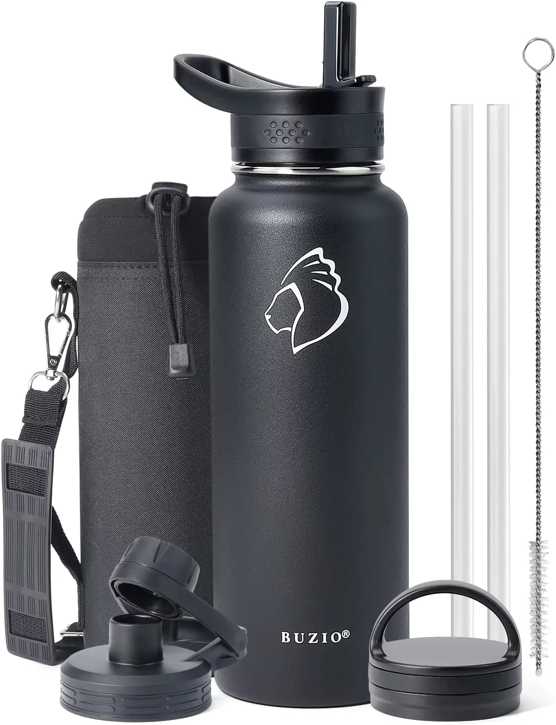 Buzio Insulated Water Bottle 40 oz with Straw & 3 Lids, Stainless Steel Water Bottle with Straw, 3 Lids Gym & Sport Water Bottles Water Flask for Men, Women & Kids