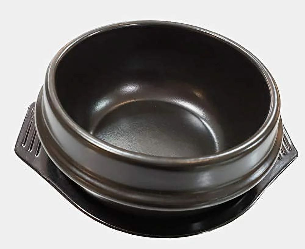 Black Dolsot / Stone Bowl w/ Black Tray for Hot Pot / Bibimbap & Korean Food (6.25 inch (38 oz))