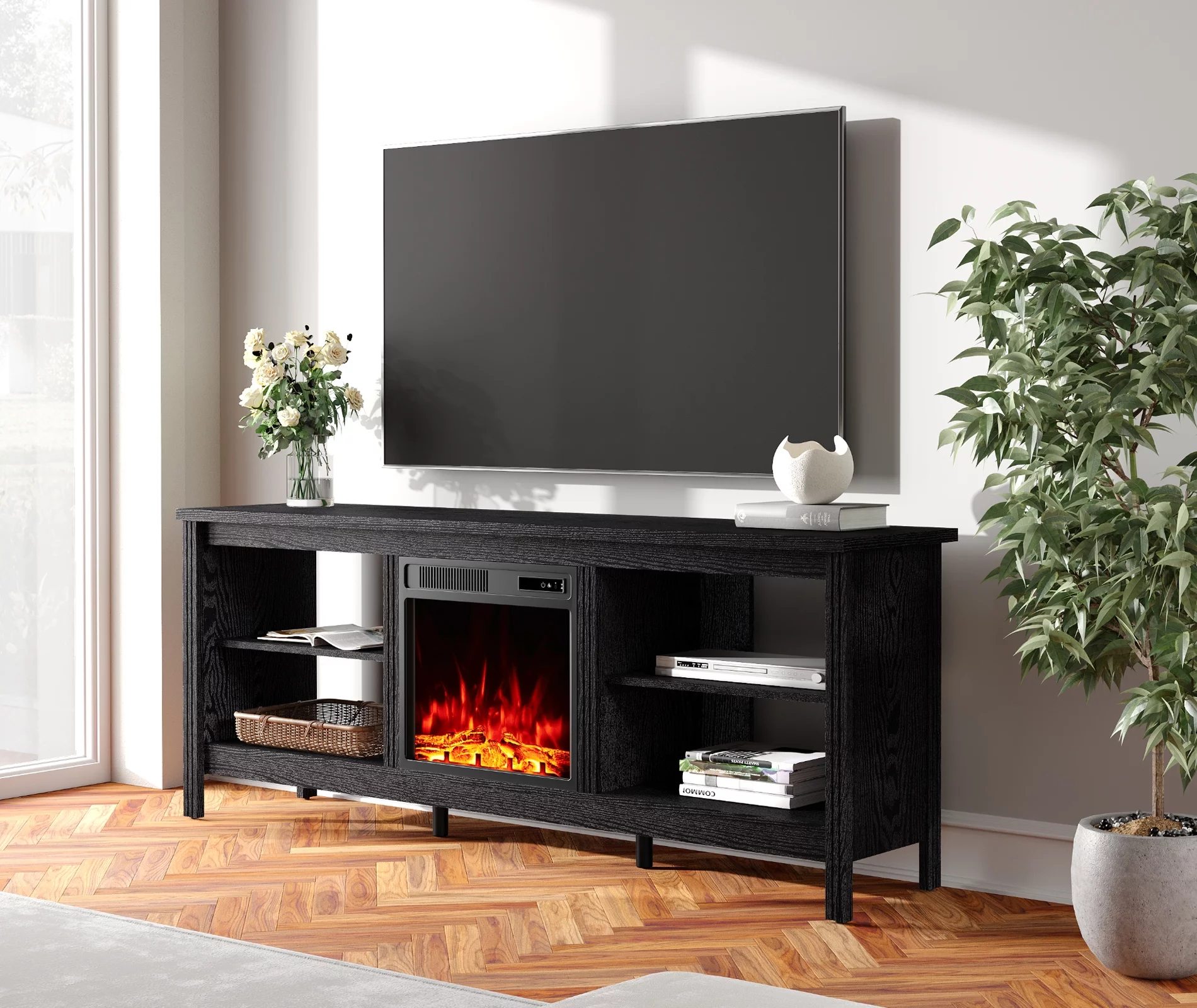 Wampat Fireplace TV Stand, Farmhouse Entertainment Center with Electric Fireplace, 70 inch, Black