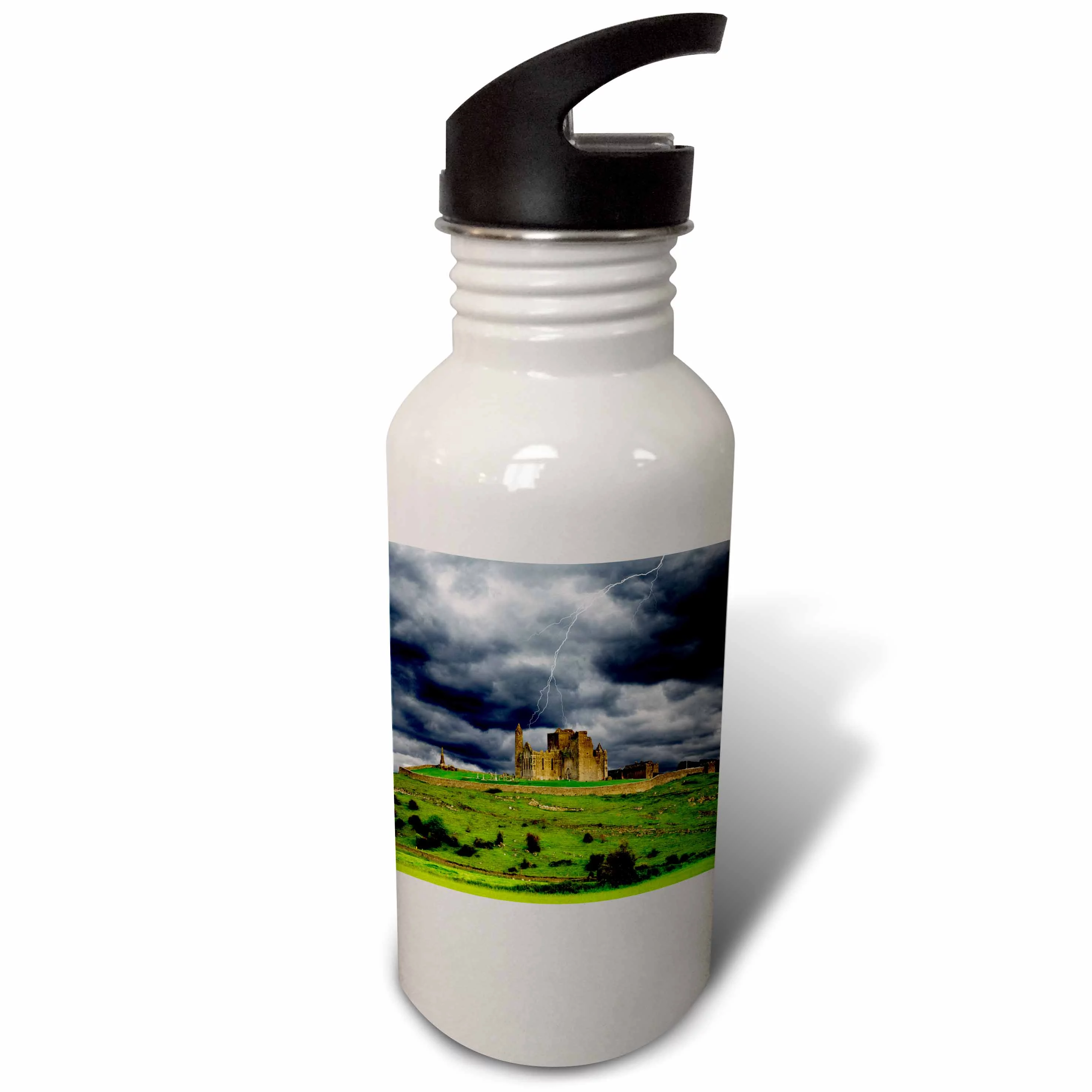Ireland, County Tipperary. Lightning over ruins of the Rock of Cashel. 21 oz Sports Water Bottle wb-188488-1