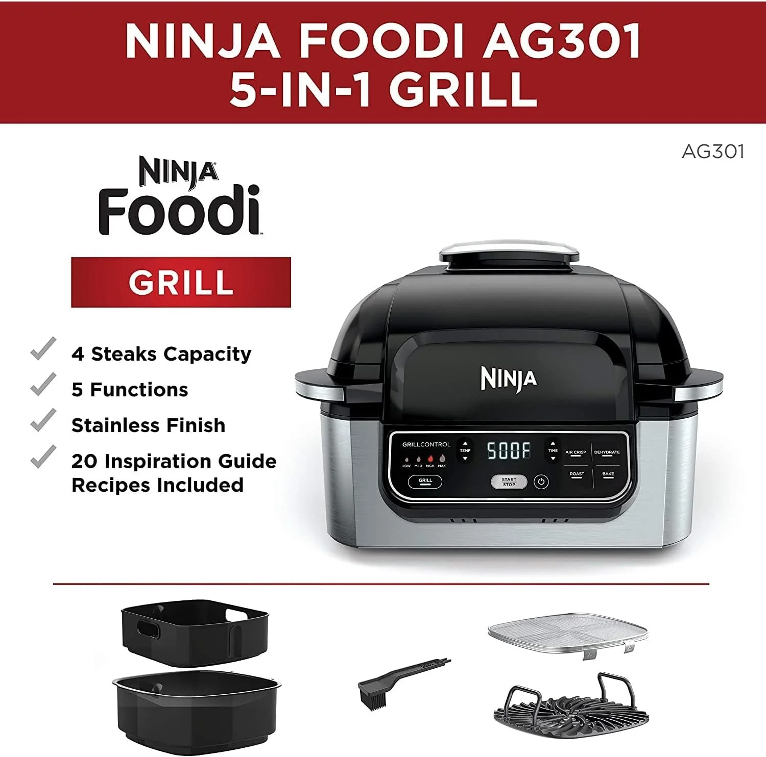 Restored Ninja AG301 Foodi 5-in-1 Indoor Electric Grill with Air Fry, Roast, Bake & Dehydrate - Programmable, Black/Silver (Certified ) (Refurbished)