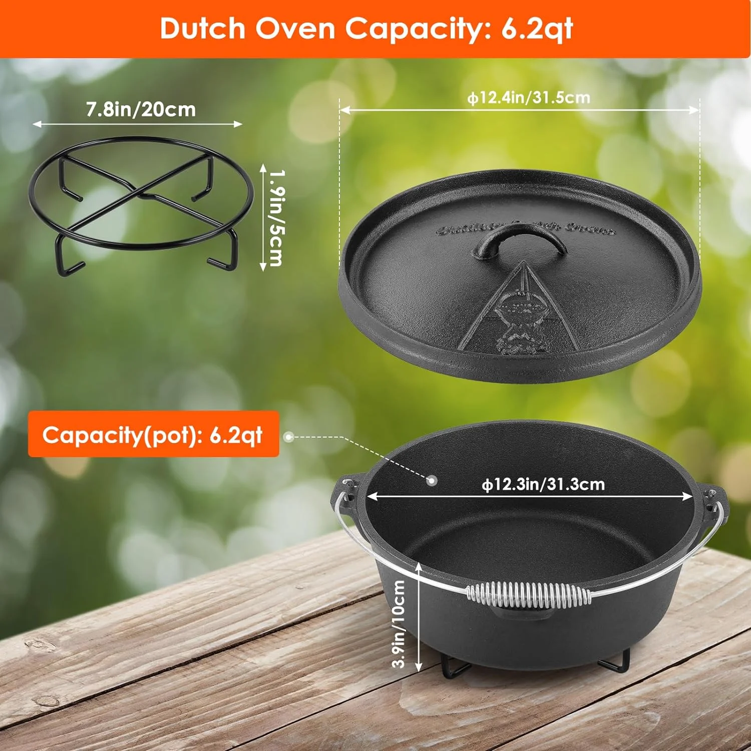 Pirecart 6.2 Quart Cast Iron Dutch Oven Cooking Pot, with Lid, Stand and Extra Handle, Without feet