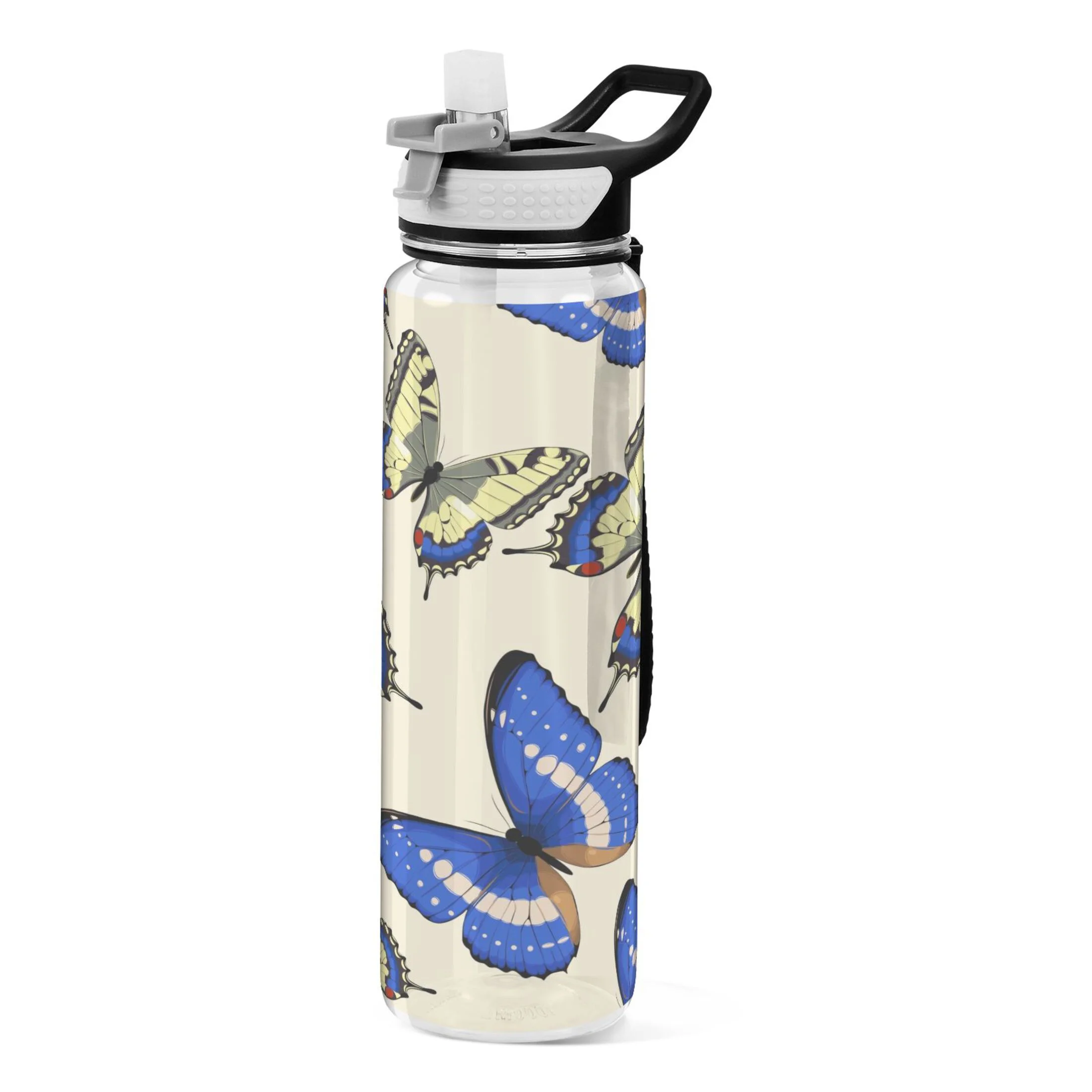 Blue and Yellow Butterflies 32oz Water Bottles with Straw Tritan Leakproof Sports Bottle BPA Free Clear for Fitness Gym Swimming Cycling