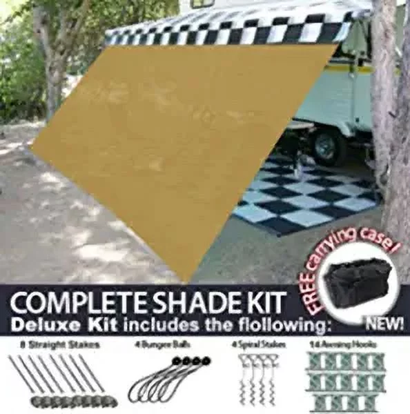 RV Awning Shade Motorhome Patio Sun Screen Complete Deluxe Kit (Tan) (8x12)