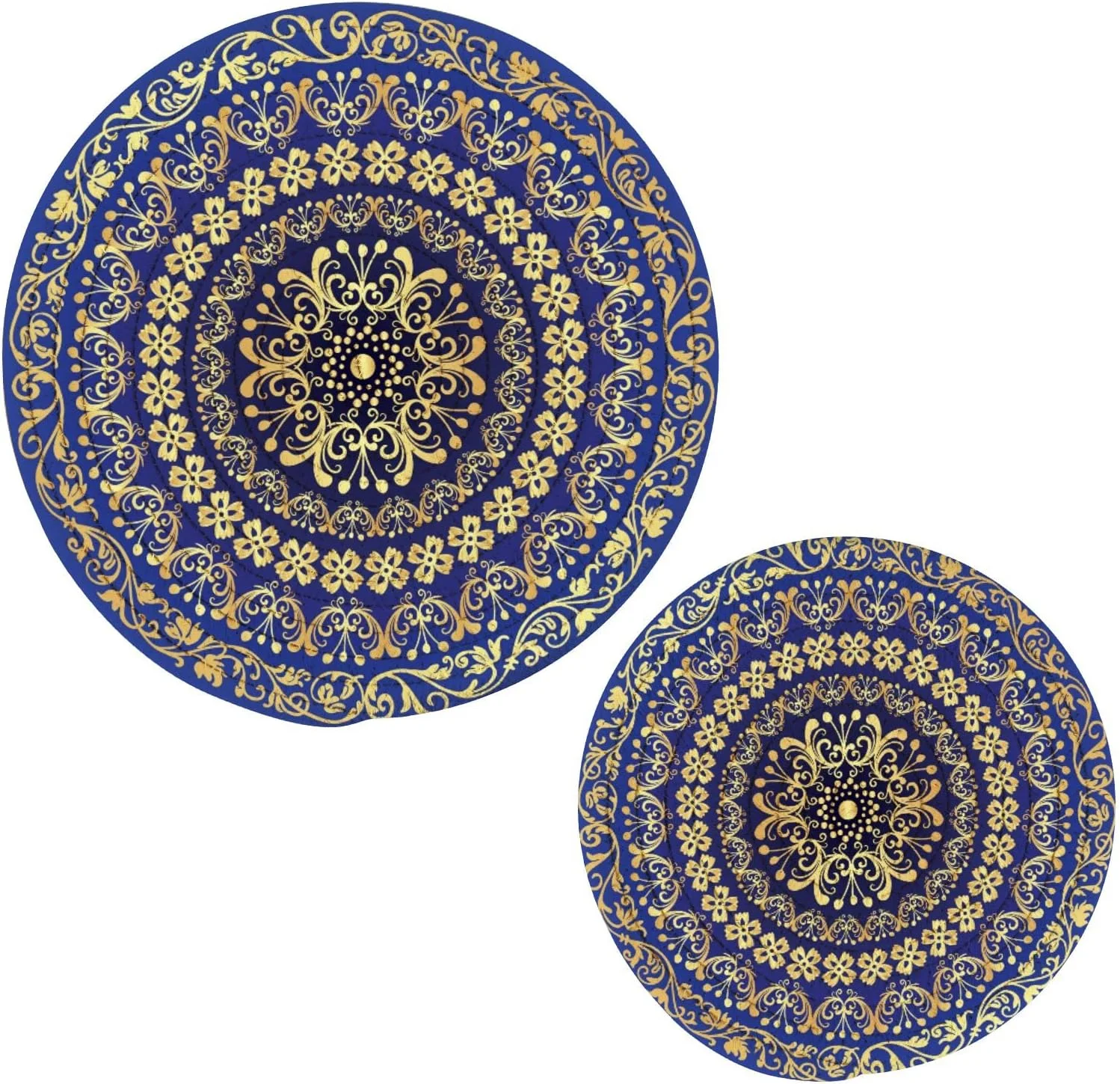 GZHJMY Gold-Blue Vintage Pattern Heat Resistant Trivets Potholders 2PCS, Round Cotton Weave Handmade Pot Holder, Non-Slip Hot Mats Kitchen Dining Plate Mat for Kitchen Pans Bowl Teapot