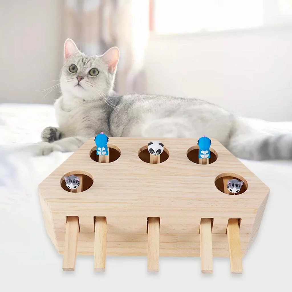 Wooden Cat Toy Box, Kitten Toy Puzzle Box with Cartoon Animal, Cat Toys - 5 Holes
