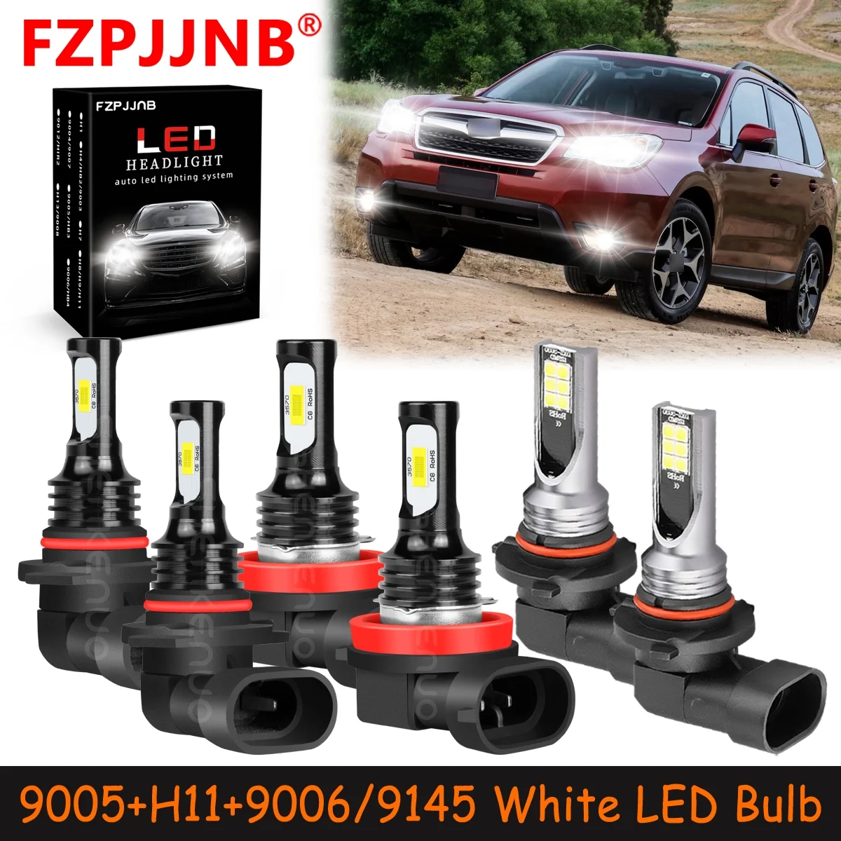 FZPJJNB for Subaru Forester 2009-2013 White Led Headlights Bulb High Low Beam Fog Light,9005+H11+9006,HKB,C02