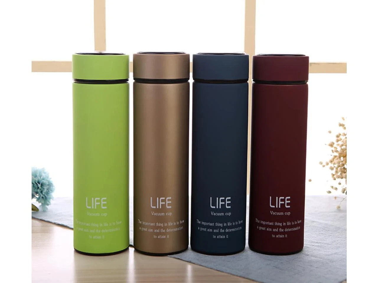 LIFE Vacuum Insulated Stainless Steel Water Bottle Double Walled Thermos with Lanyard Frosted Matte Flask(Gold)