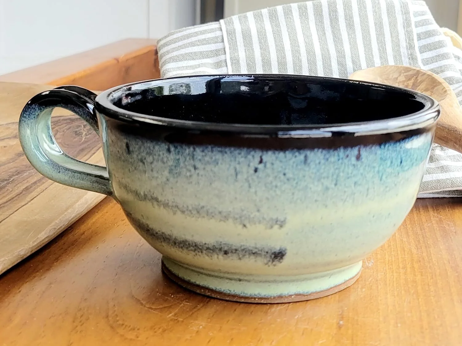 Farmhouse Soup Bowls With Handles Set Of 2 Deep Large - Hanging Kitchen Chowder Mugs - Handmade Pottery Decor (Green W/Black)