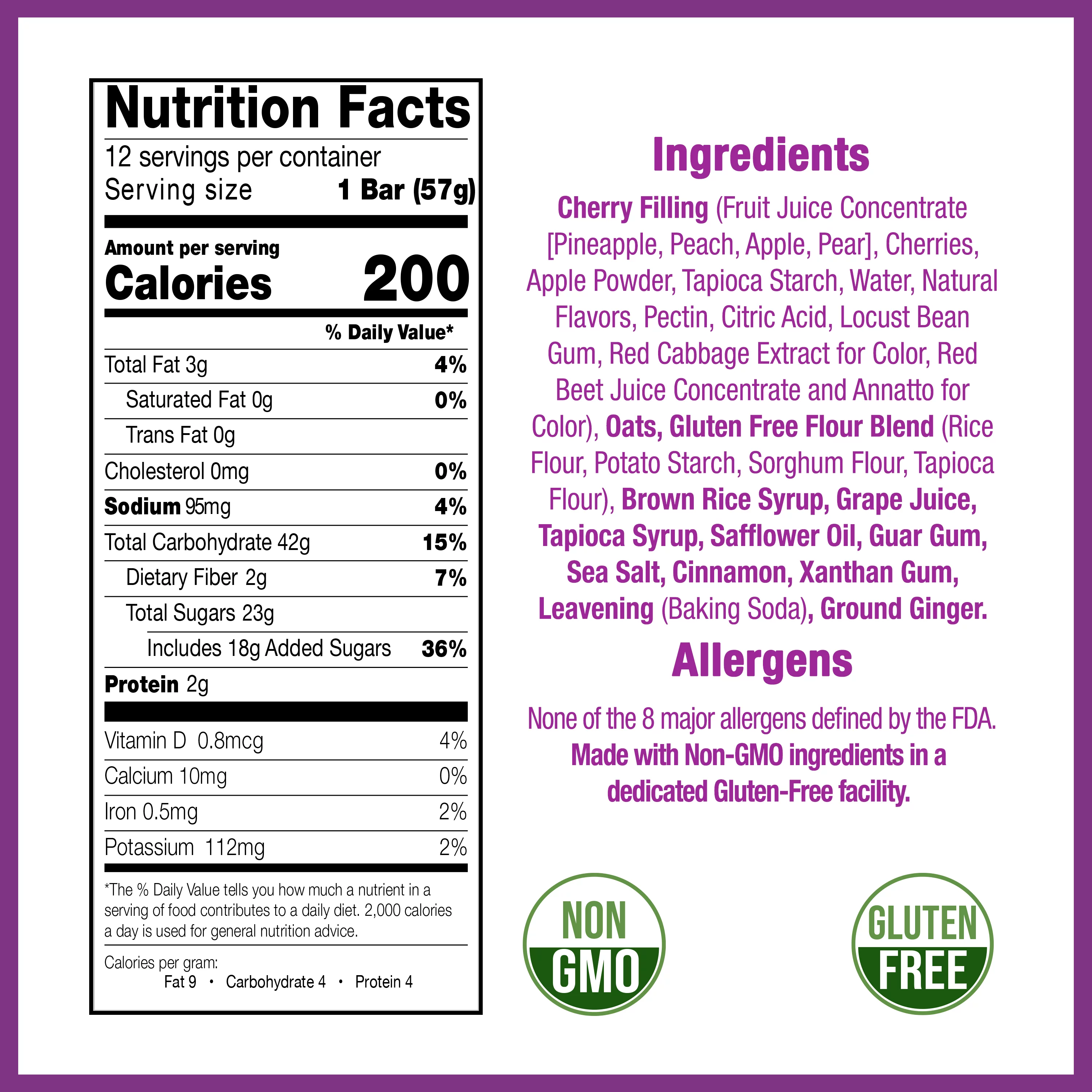 Betty Lou's Cherry Fruit Bars, Vegan, Gluten Free, Dairy Free Snacks 12 Ct.