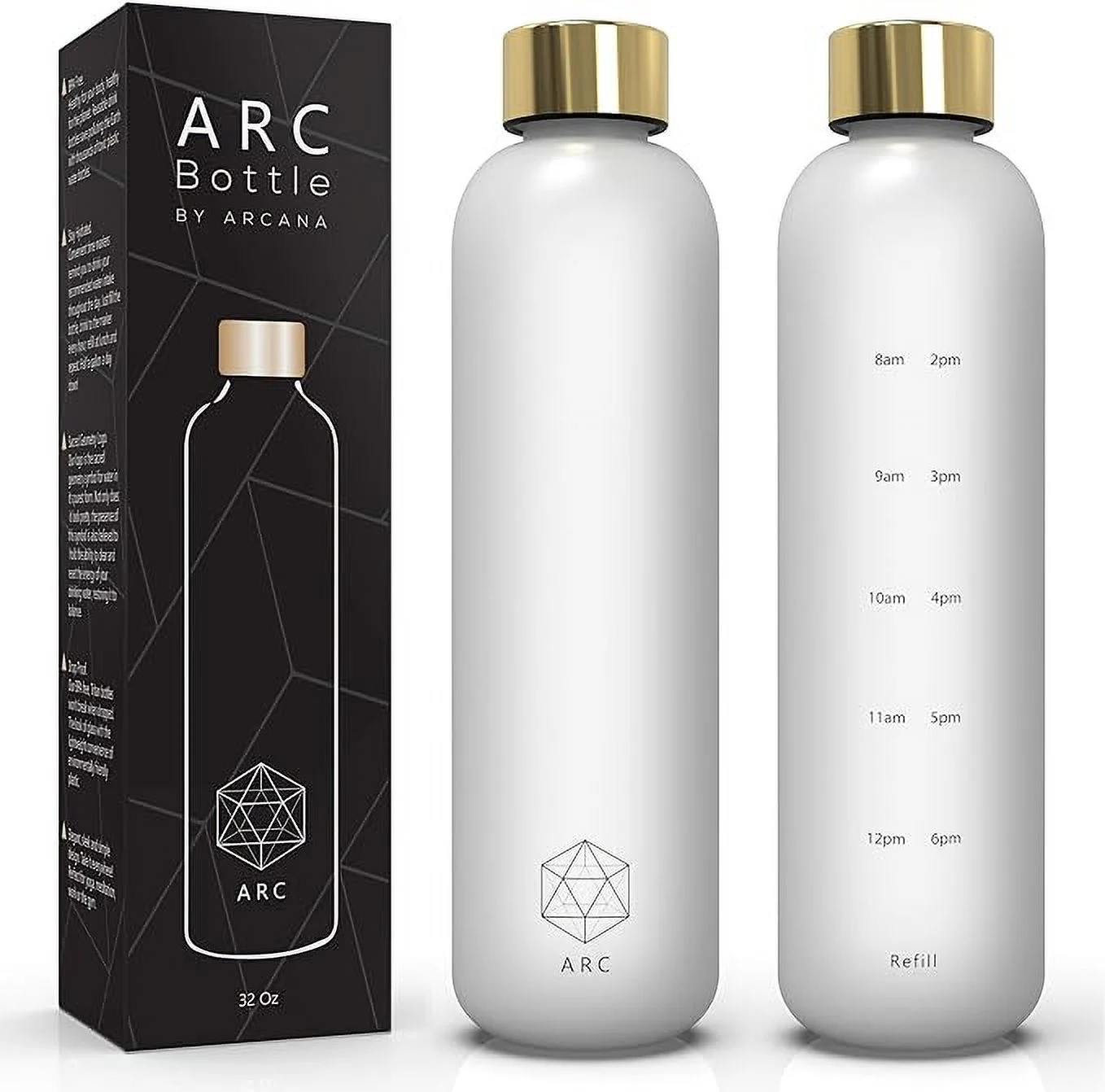ARCANA Arc Water Bottle With Time Marker - Motivational Water Bottles With Times To Drink - BPA Free Frosted Plastic - Gym, Sports, Outdoors (32oz, clear)