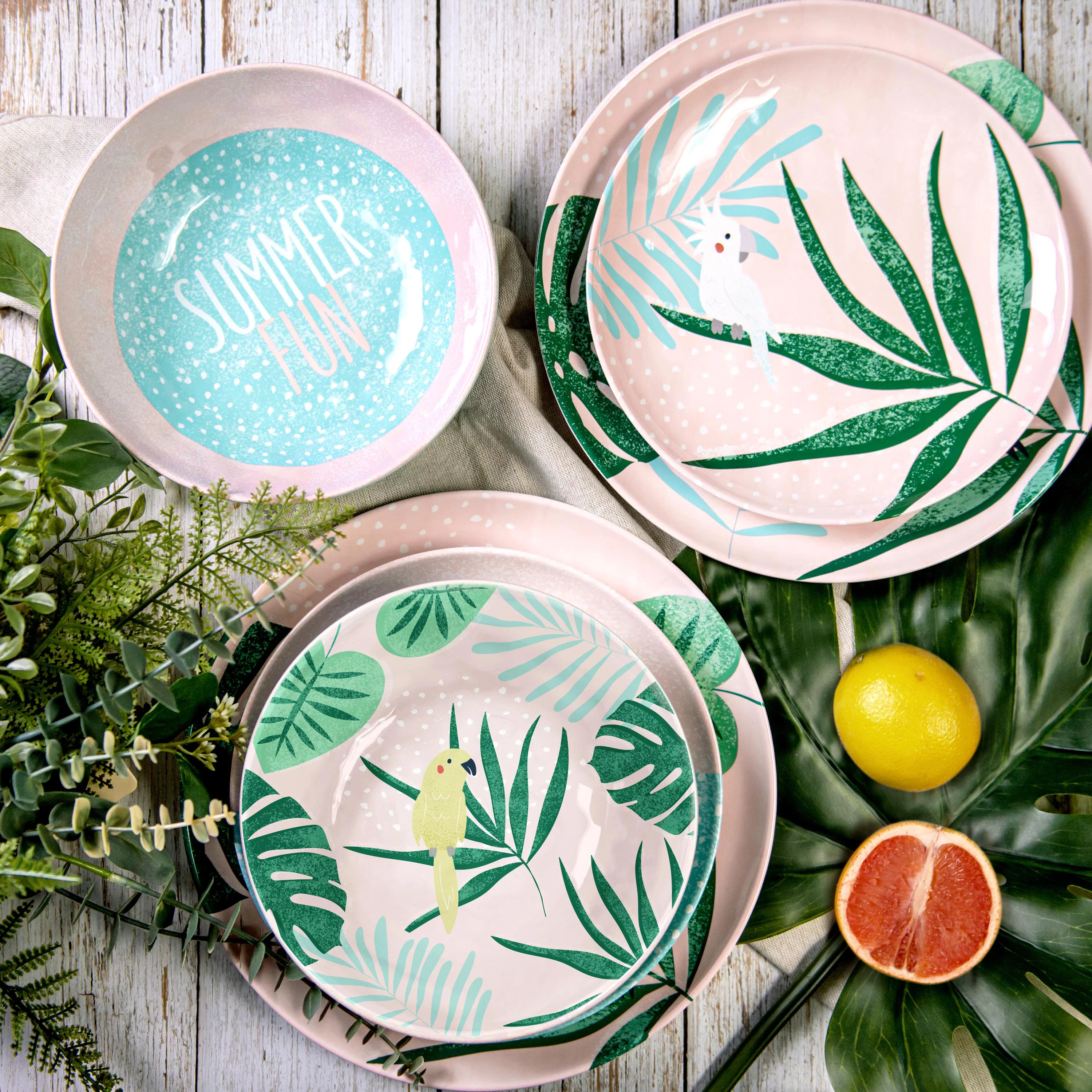 Zak Designs 12-Piece Summer Prints Dinnerware Set Melamine Plates and Bowls, Durable and Dishwasher Safe Tableware for Four, Pink Tropics