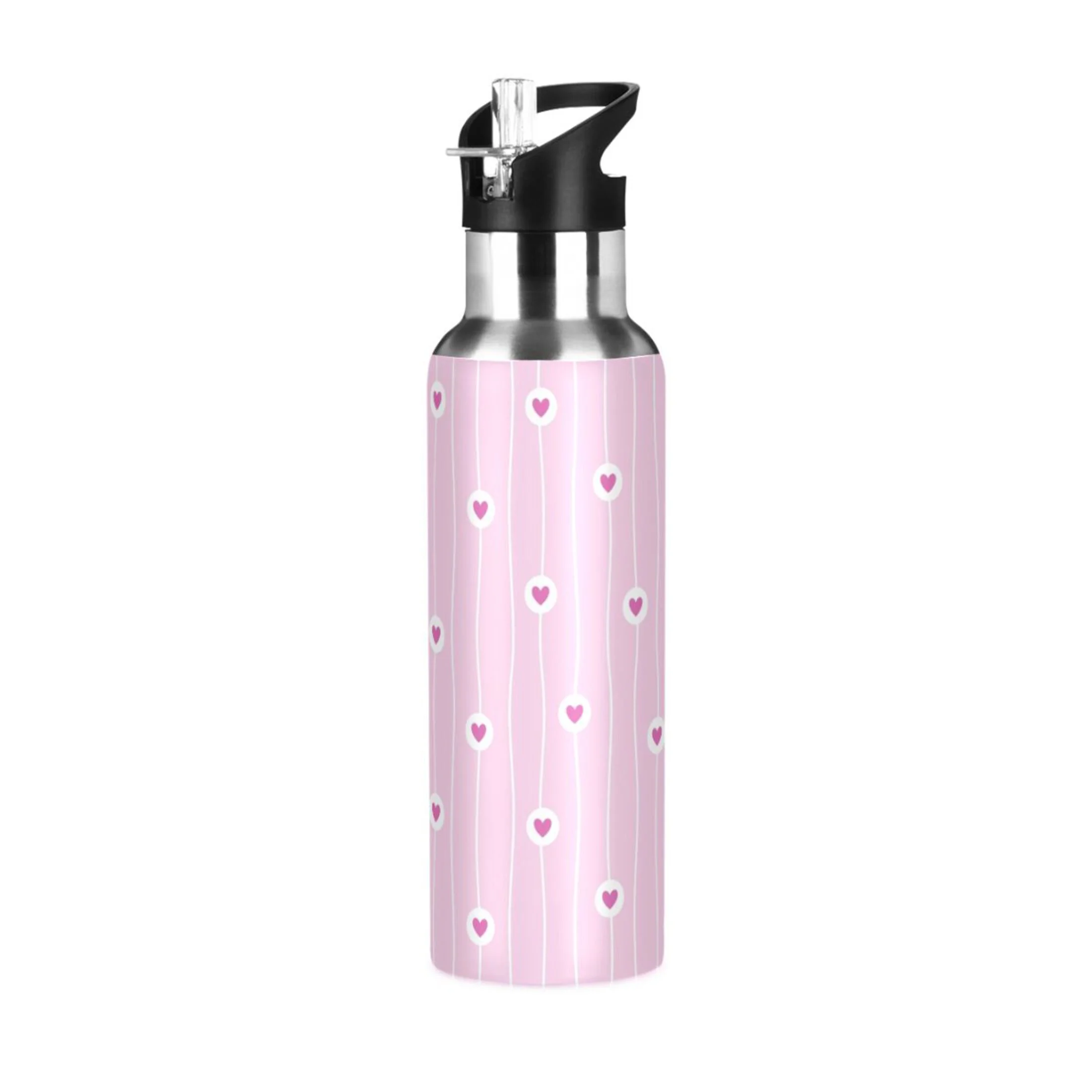 Stainless Steel Water Bottle Red Love Heart on Pink Stripes with Straw Lid Vacuum Insulated Leak Proof Flask Jug for Gym Travel Sports Cycling Outdoor 20 OZ
