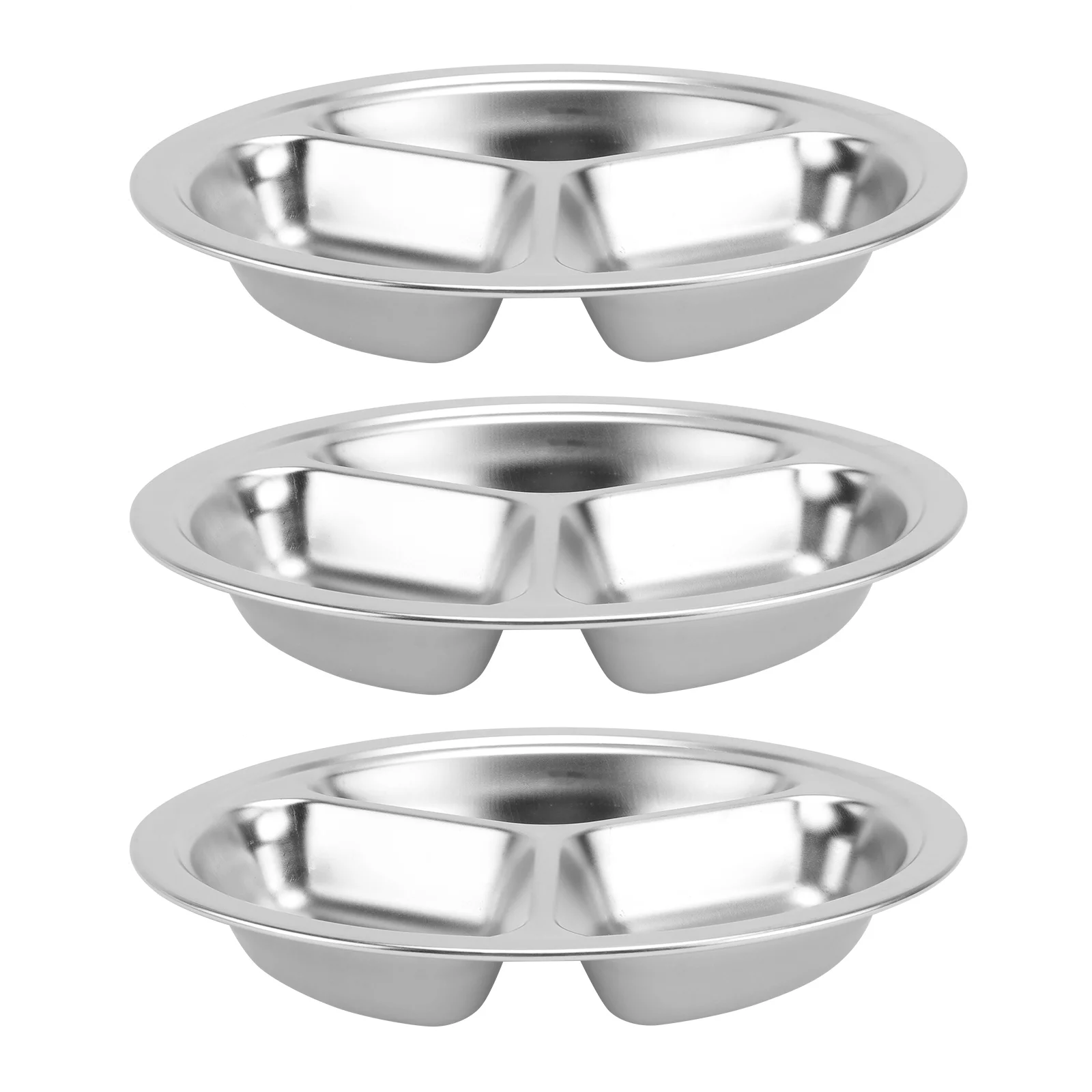 3Pcs Round Stainless Steel Dinner Tray Separation Plates Fast Food Plate Rice Dishes Silver (20cm, 3 Grids)