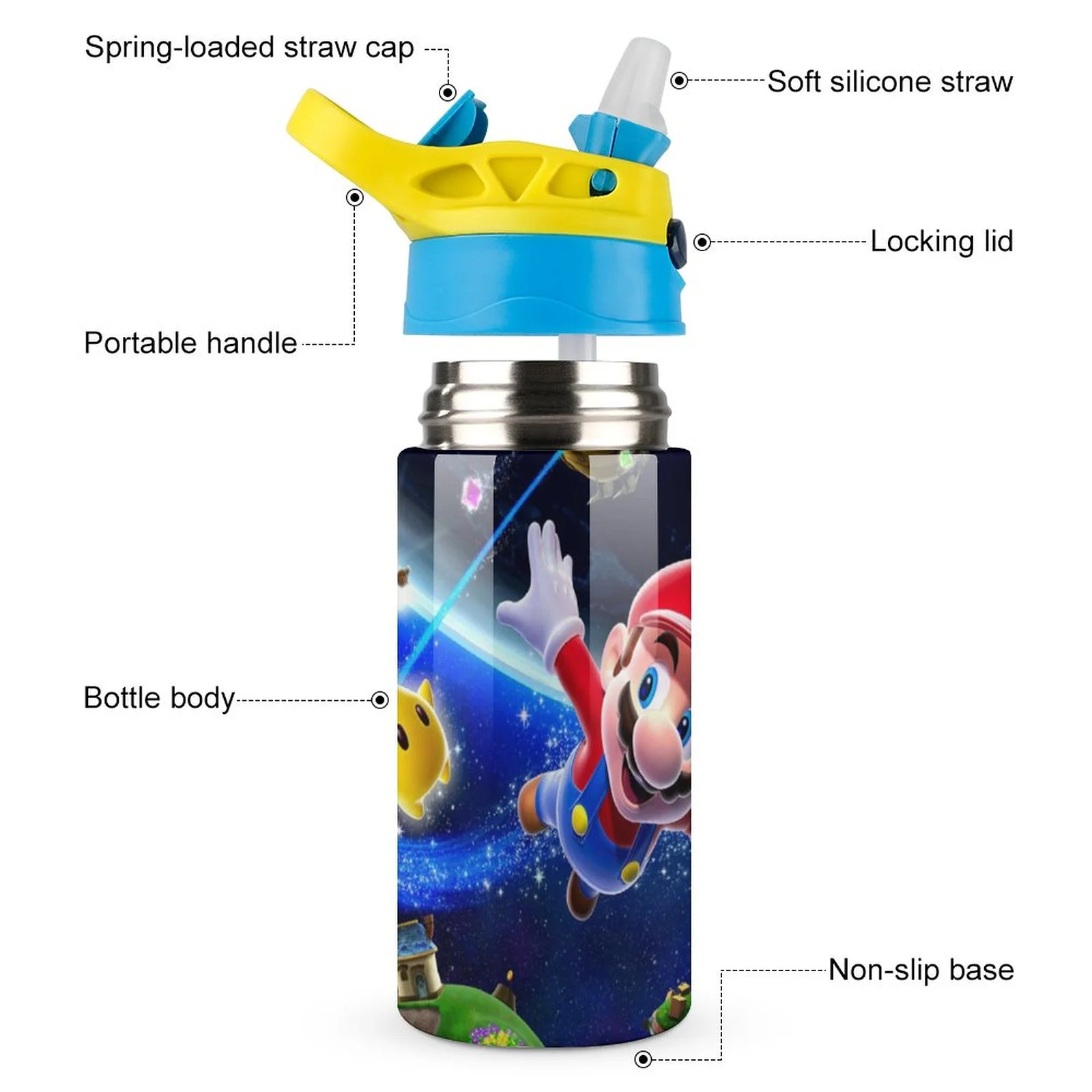 Fly Super Mario Kid's Insulated Water Bottle With Straw Vacuum Stainless Steel Cup Leak-Proof Children Toddler Thermoses