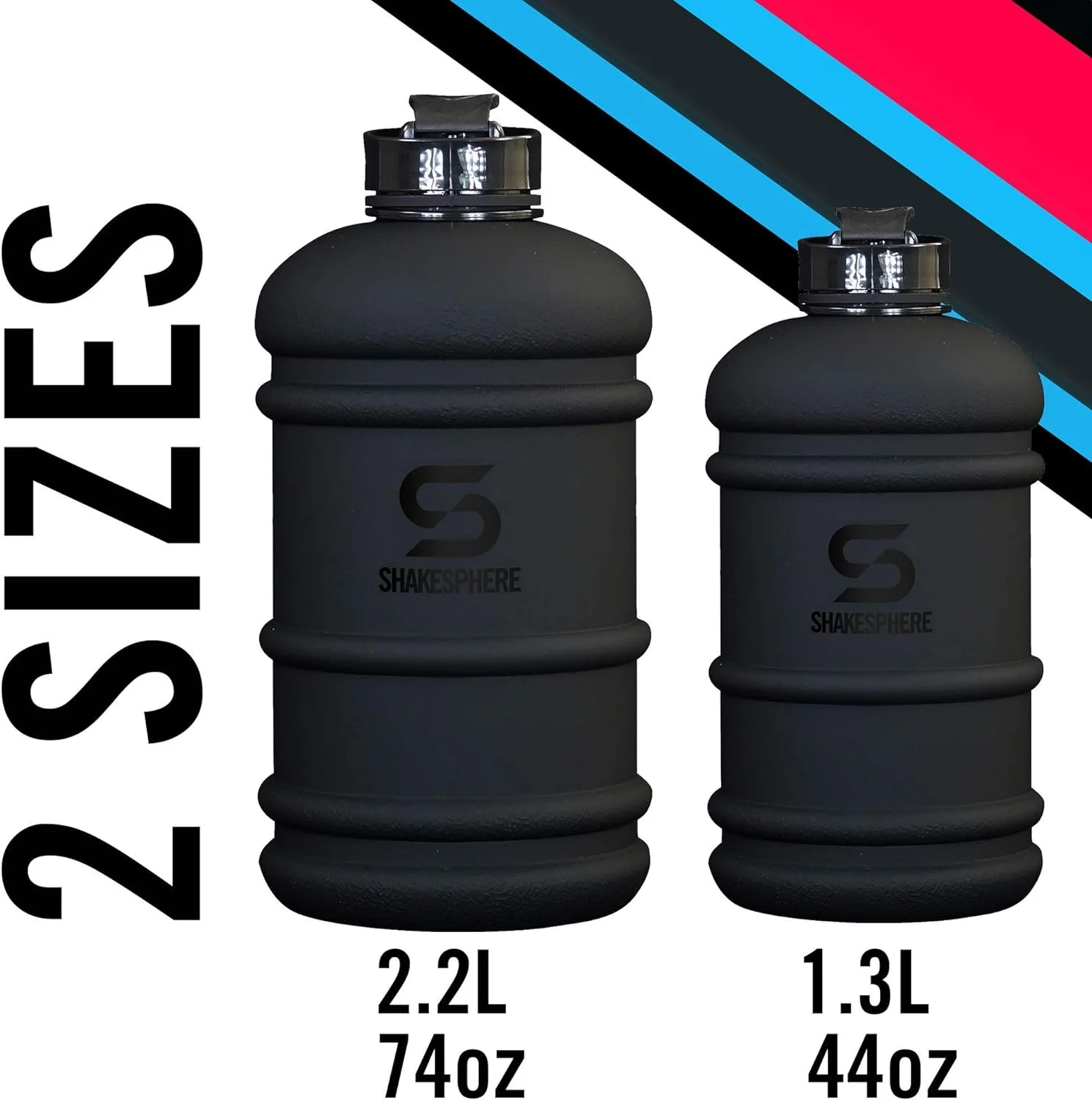 SHAKESPHERE Large Sports Water Bottle - BPA Free Hydration Jug, Black - Ideal for Sports, Camping, Outdoor, Biking & Kids… (Matte Black, 1.3L)