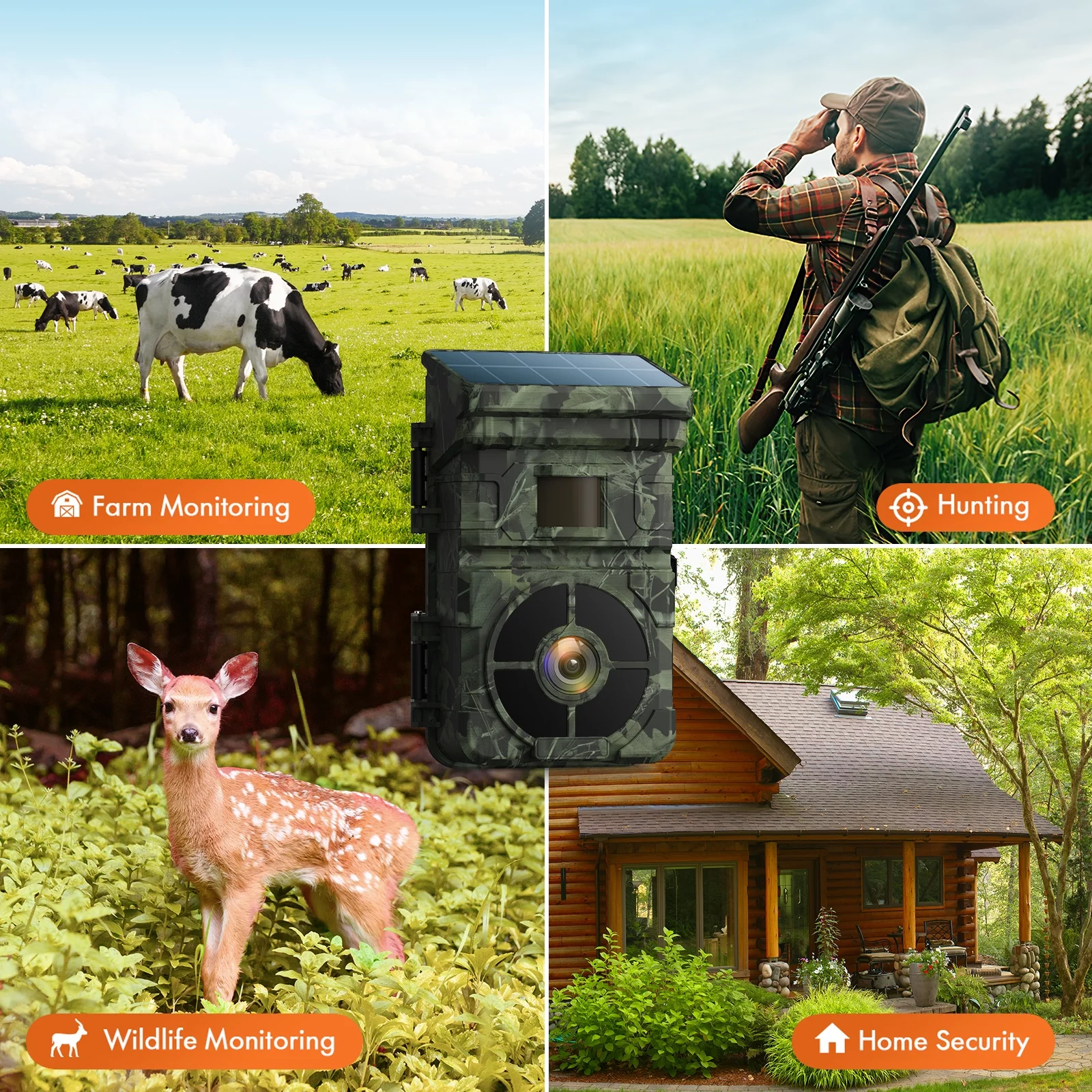 CAMPARK Solar Trail Camera 24MP 1080P 2500mAh Built-in Lithium Battery Rechargeable Game Camera with Night Vision Waterproof IP66 0.1s Trigger Speed 120°Wide Angle 2.0