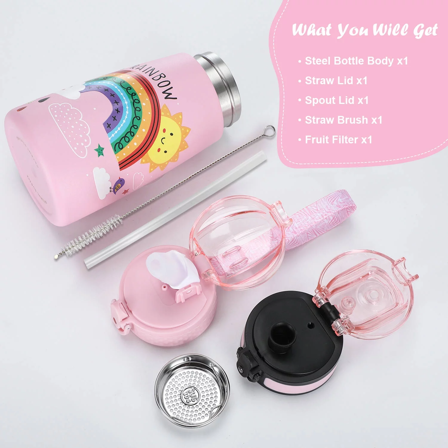 Oldley Kids  Water Bottle 12 oz Double Wall Vacuum Stainless Steel Leakproof Water Bottles with Two Lids Girls Gift Pink