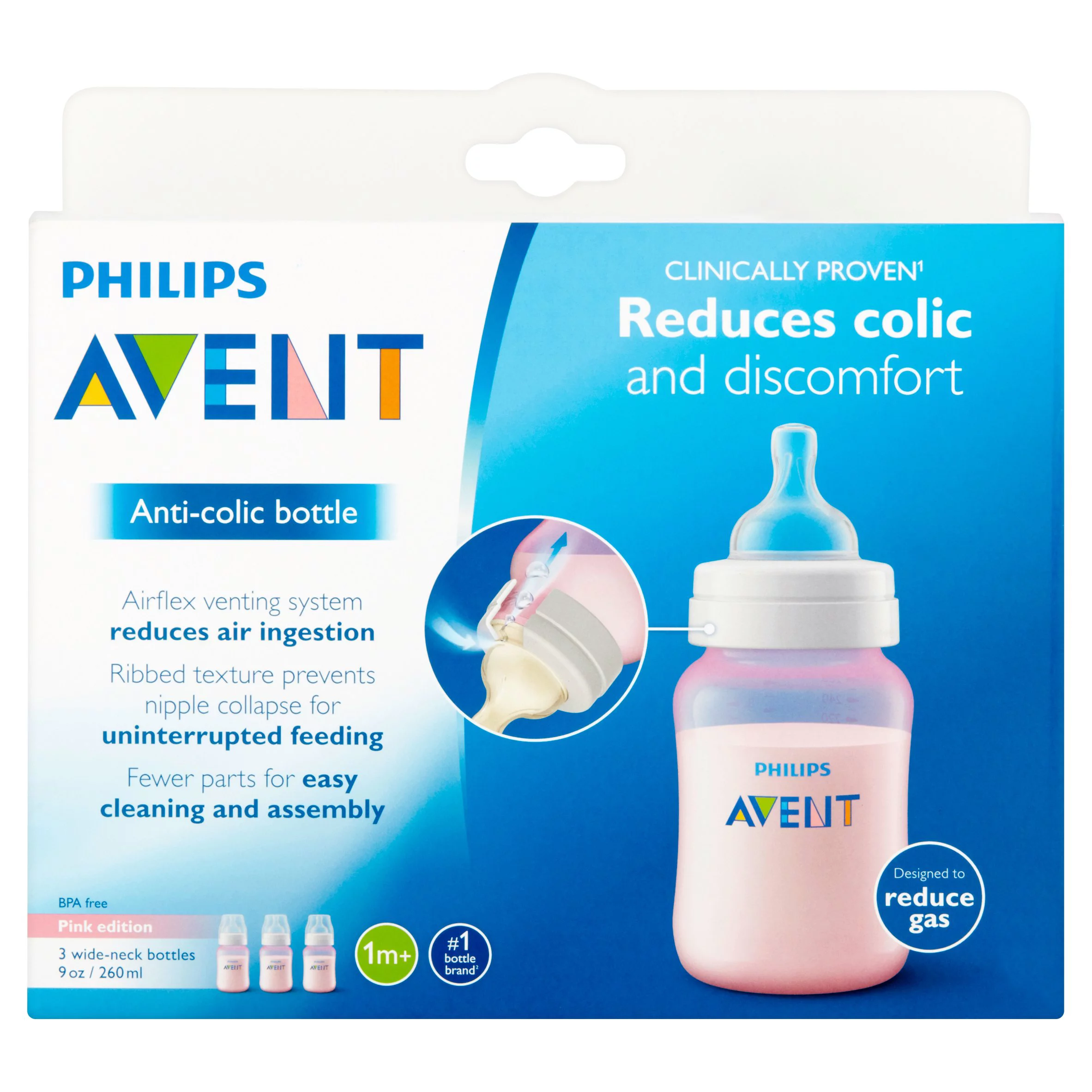 Philips Avent 9 oz Pink Edition Anti-Colic Wide-Neck Bottles 1m+, 3 count