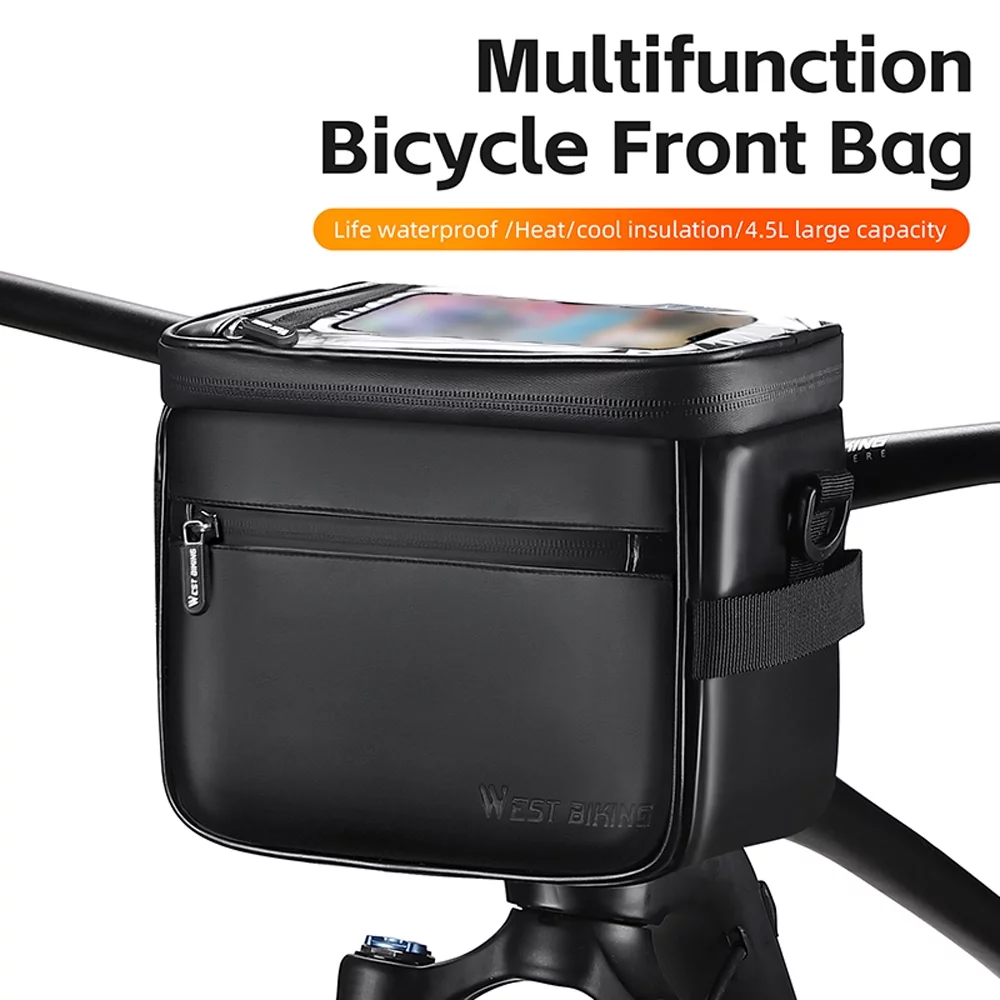 Lixada Waterproof Handlebar Bag with Touchscreen for Mobile Phone Multifunctional Bike Front Bag Thermal Insulation PU Leather Cycling Bag