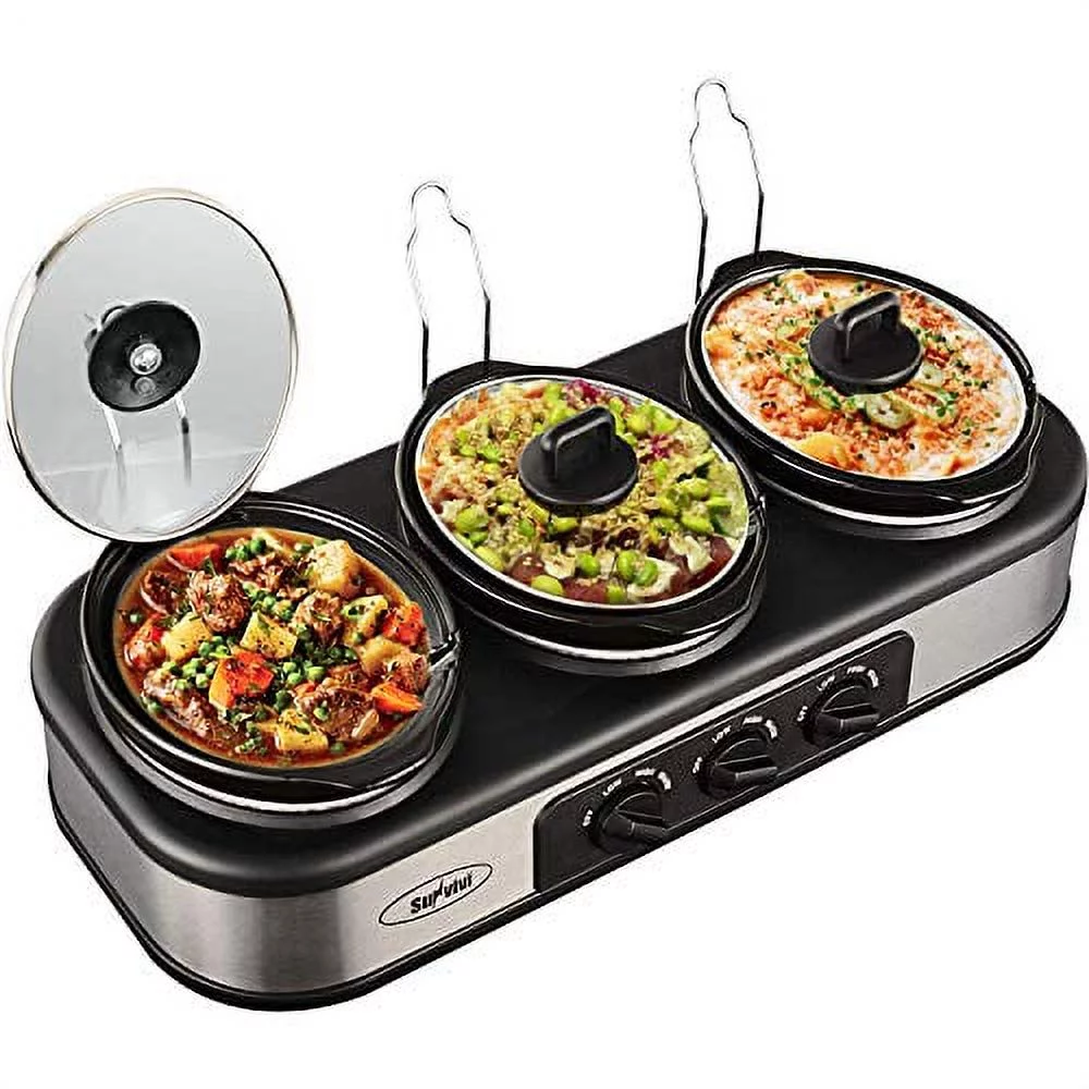 Triple Slow Cooker with Non-Skid Feet, 3脙鈥?.5 QT Slow Cooker Buffet Server, 3 Pots Food Warmer Adjustable Temp Lid Rests Stainless Steel Manual Silver for Parties Holidays Families