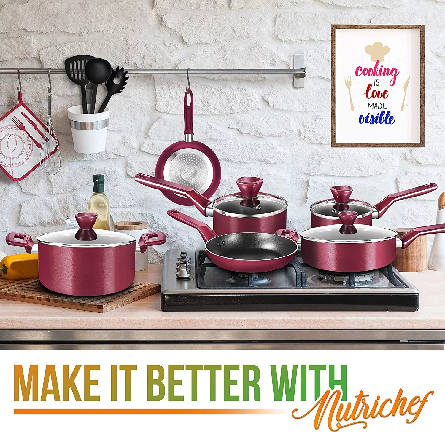 13-Piece Nonstick Kitchen Cookware Set - PTFE/PFOA/PFOS-Free Heat Resistant Kitchen Ware Pots Pan Set w/ Saucepan, Frying Pans, Cooking Pots, Casserole, Lids, Ladle, Fork, Strainer, red -NCCWA13RD.5