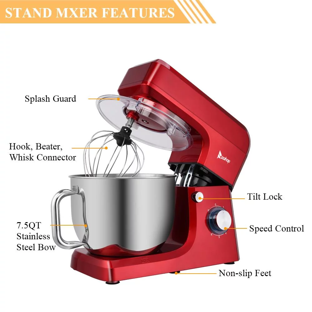 660W Dough Mixer Tilt-Head Electric Mixer With 7.5Quart Stainless Steel Bowl, Red