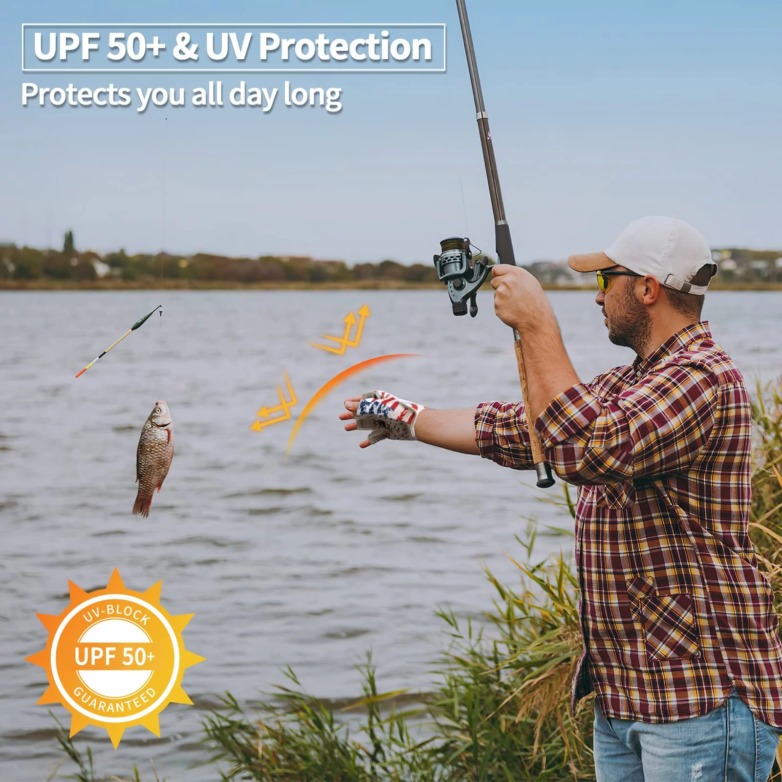 Fishing Gloves for Men and Women, Half Finger Gloves for Rowing, Sailing, Hiking, and Kayaking, Quick Dry UV Protection UPF 50+ Long Cuff American Flag L