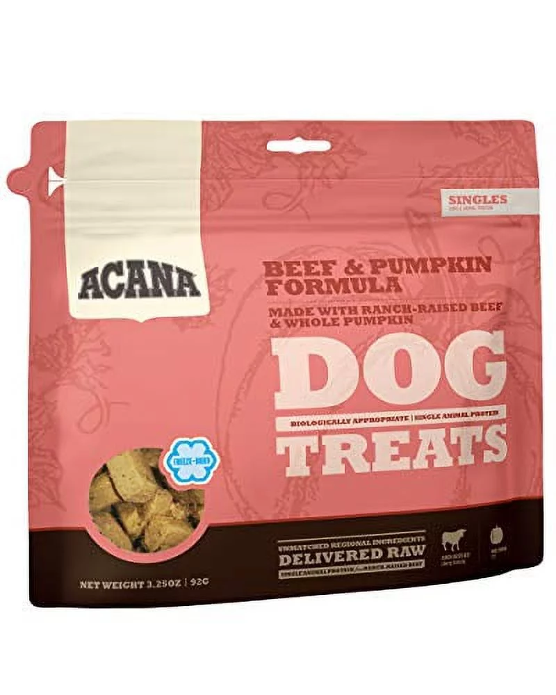 Acana Singles Grain Free Dog Treats, Limited Ingredients & Freeze-Dried, Made in USA, Beef & Pumpkin, 3oz