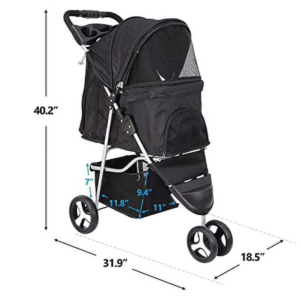 ZENY Foldable Pet Stroller, Cat/Dog Stroller with 3 Wheel, Pet Strolling Cart, Dog Travel Carrier with Storage Basket + Cup Holder, Black