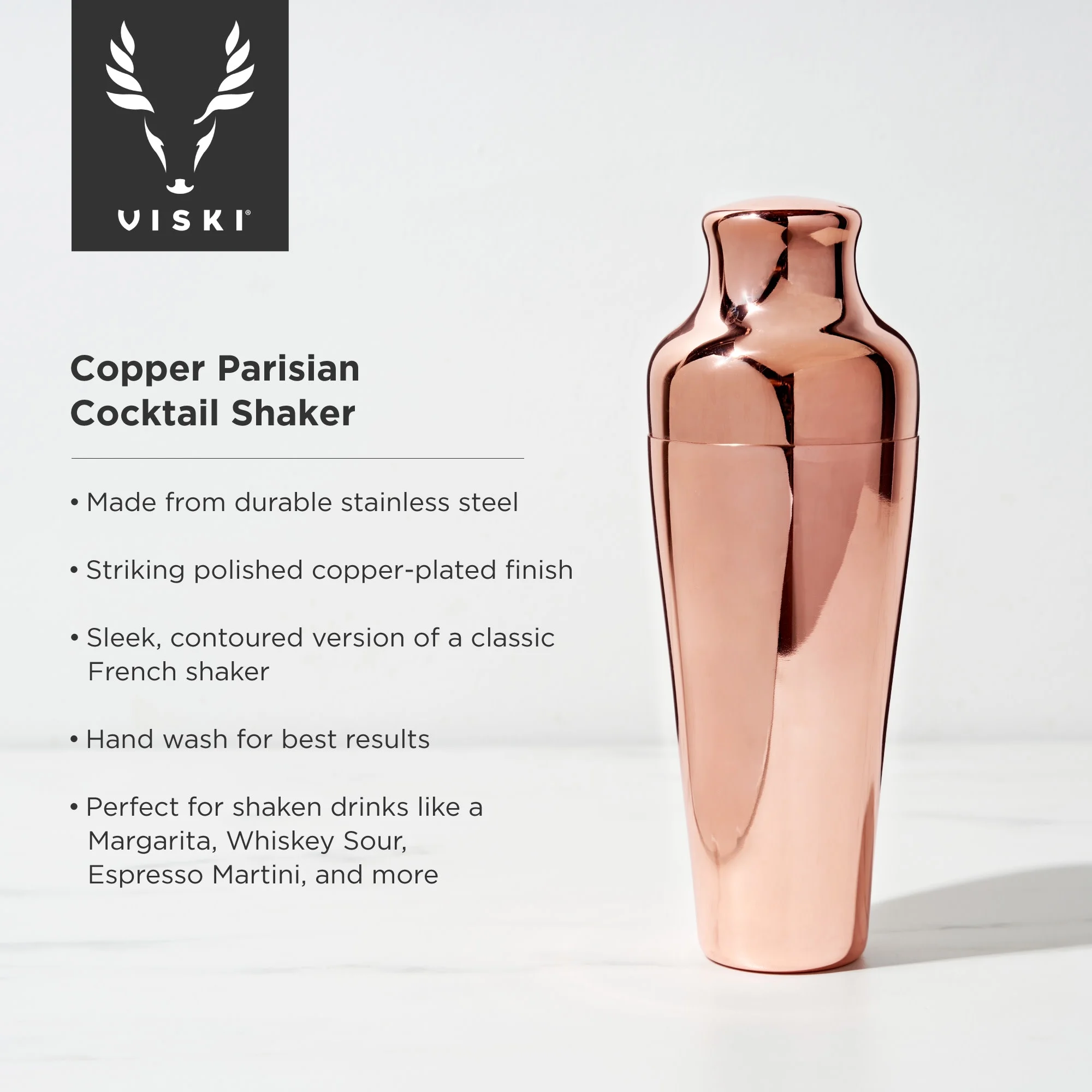 Viski Stainless Steel Contoured Shine Polished Parisian Cocktail Shaker, Copper