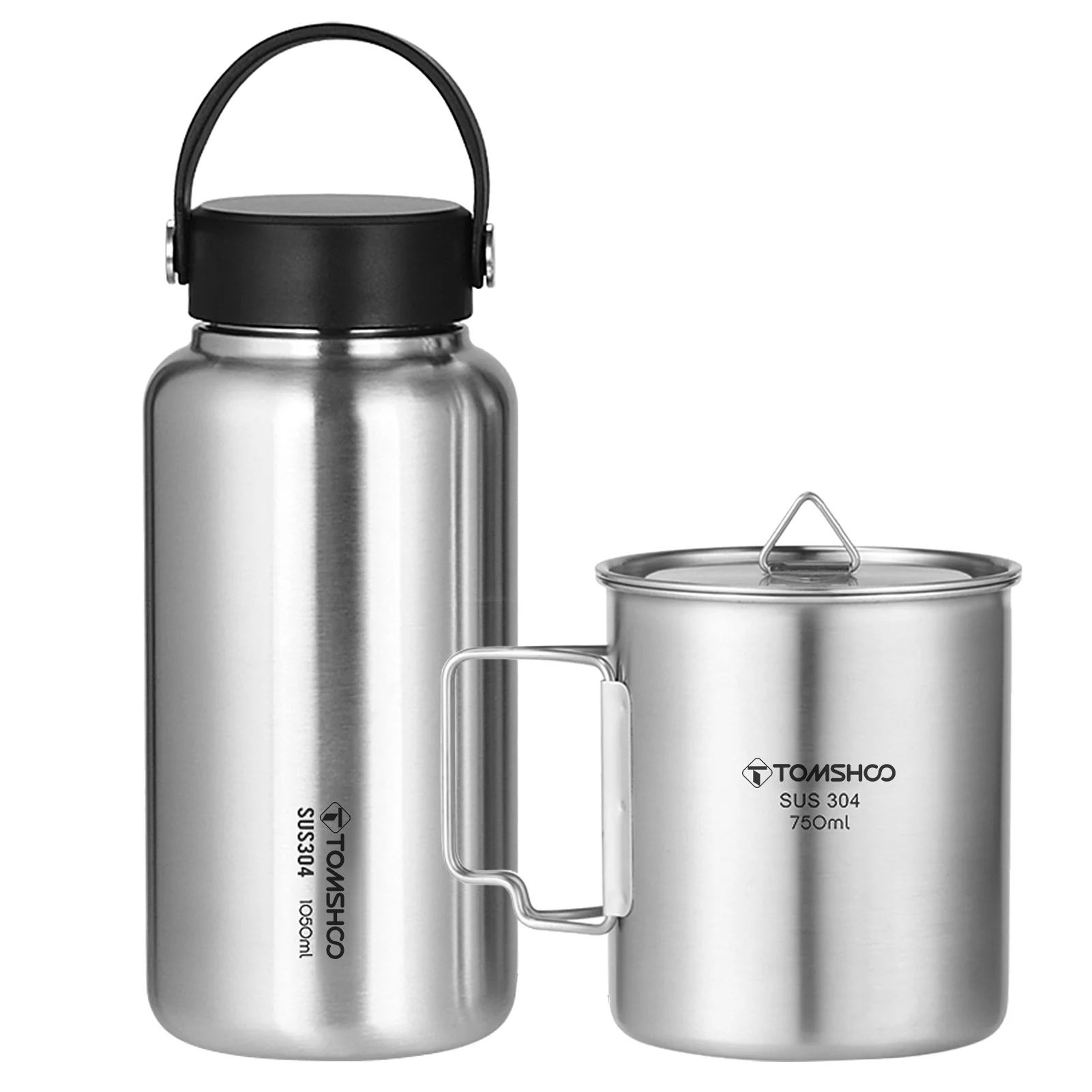 TOMSHOO Stainless Steel Water Bottle Leak-Proof 1050ml with 750ml Coffee Mug Sports Drinkware for Camping Hiking Backpacking Fishing