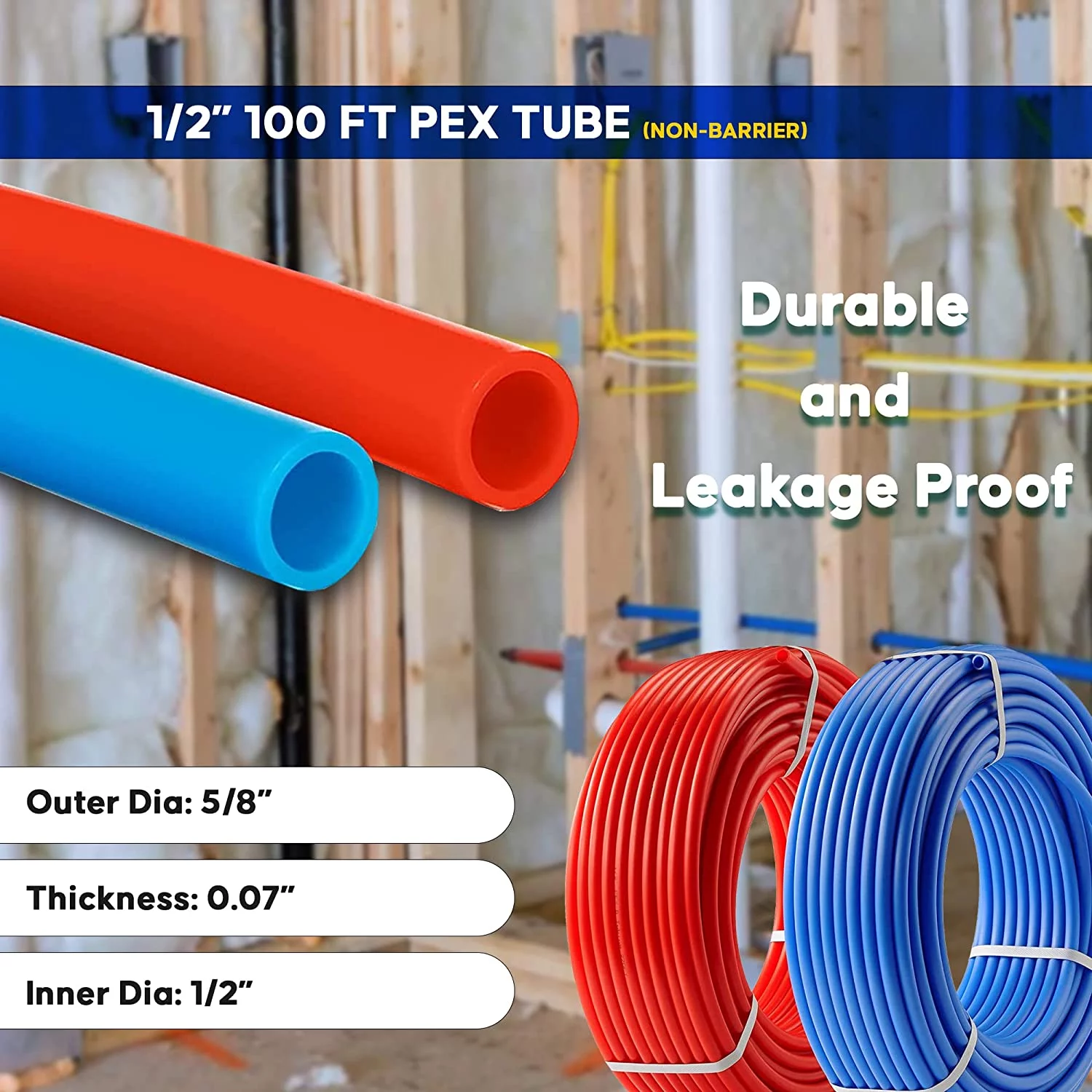 DMNI PEX Tubing 1/2 inch - PEX Pipe 1/2 inch - 1/2 inch x 50 ft PEX Pipe (50 ft, Blue & Red)
