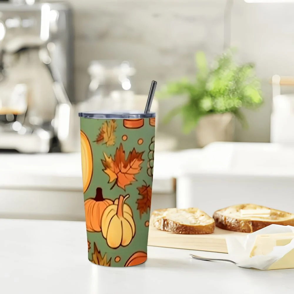 GOSMITH  Autumn Pumpkins Leaves Wheat Apples Stainless Steel Water Bottle Double Wall Leak Proof Vacuum Insulated with Leather Wrapped