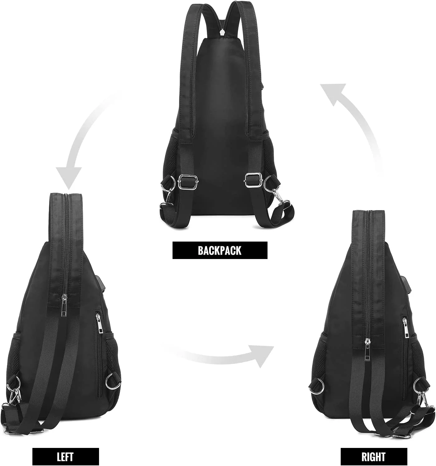 LOVEVOOK Sling Bag for Women, Nylon Casual Daypack Crossbody Sling Backpack with USB Port for Travel Hiking Walking -Black