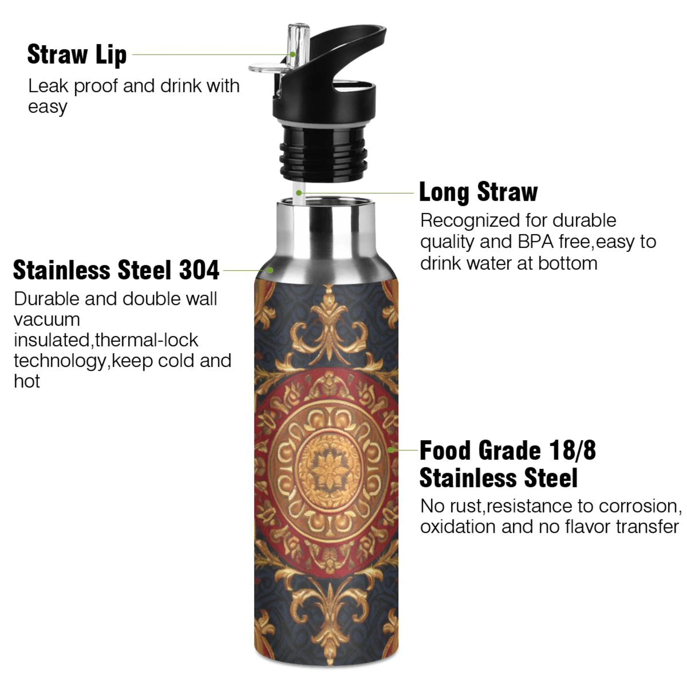 Mandala Indian Bohomia Water Bottles Insulated Thermos Kids Stainless Steel Bottle with Straw Lid Flask Leakproof for Sports Gym 20 oz