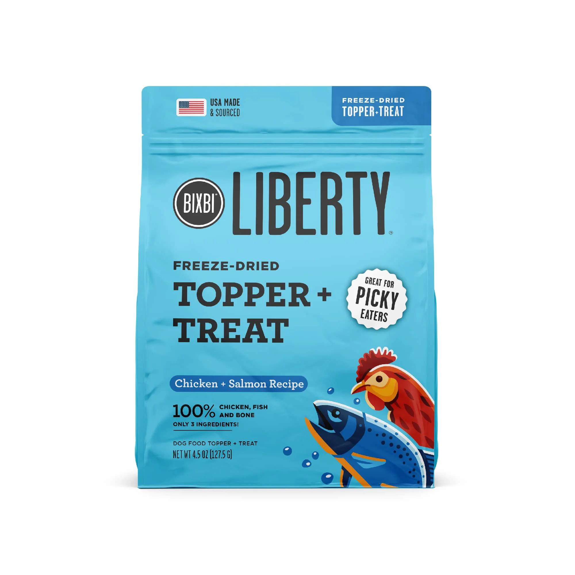BIXBI Liberty Freeze Dried Dog Food Topper + Dog Treat, Chicken and Salmon Recipe, 4.5 oz - 100% Meat and Organs, No Fillers - Pantry-Friendly Raw Treat or Food Topper - USA Made in Small Batches