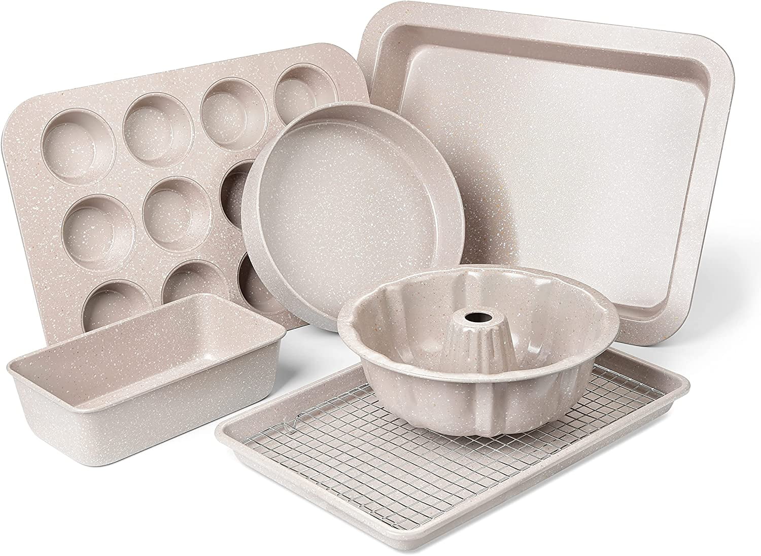 Nonstick Bakeware Set - 7 Piece Oven Bakeware With Cookie Sheet, Cake Pan, Loaf Pan, Muffin Pan, Roaster, Cooling Rack - PTFE & PFOA Free Baking Supplies