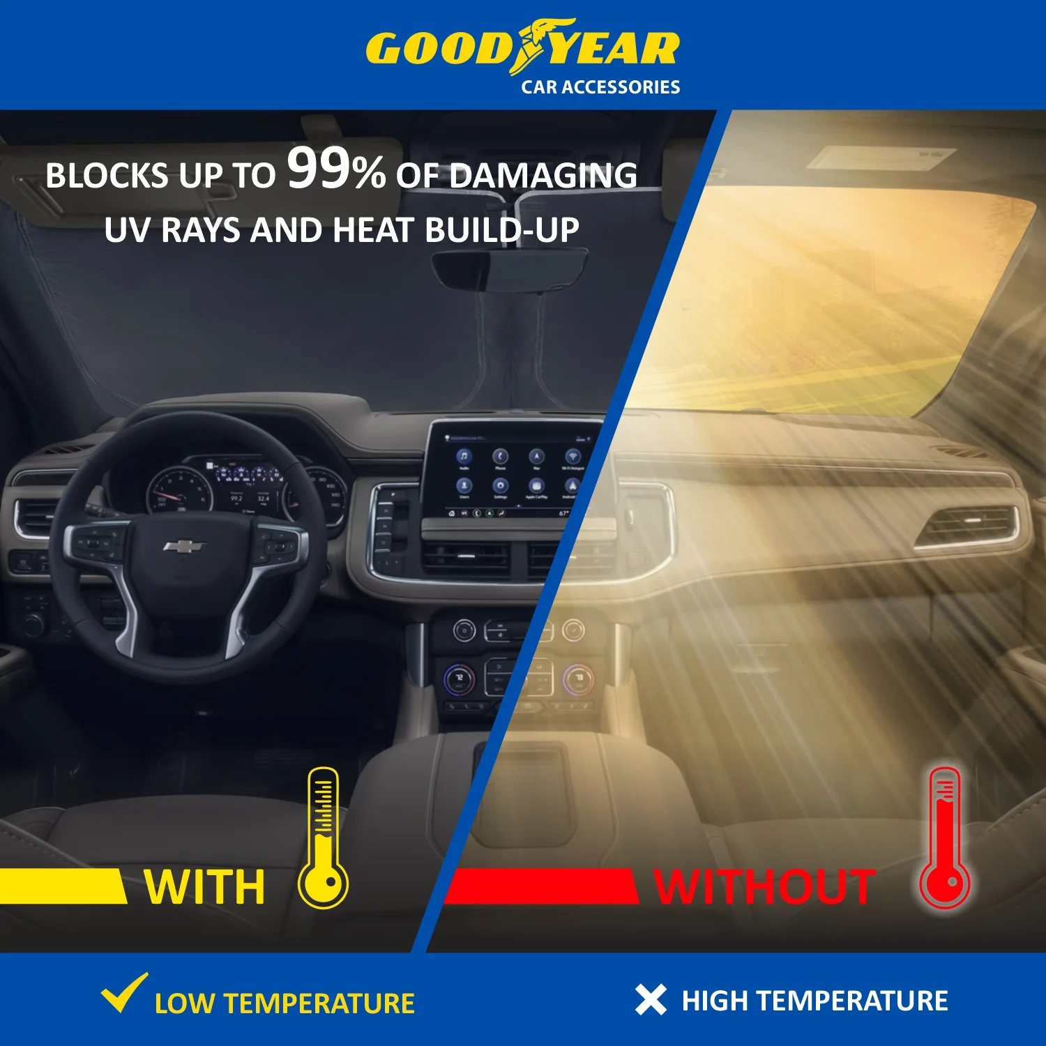 Goodyear Foldable Windshield Sun Shade for Chevrolet (Chevy) Tahoe 2021-2024, Custom-Fit Car Windshield Cover, Car Sunshade, Vehicle Sun Protector,Auto Car Window Shades for Front Window - GY008221