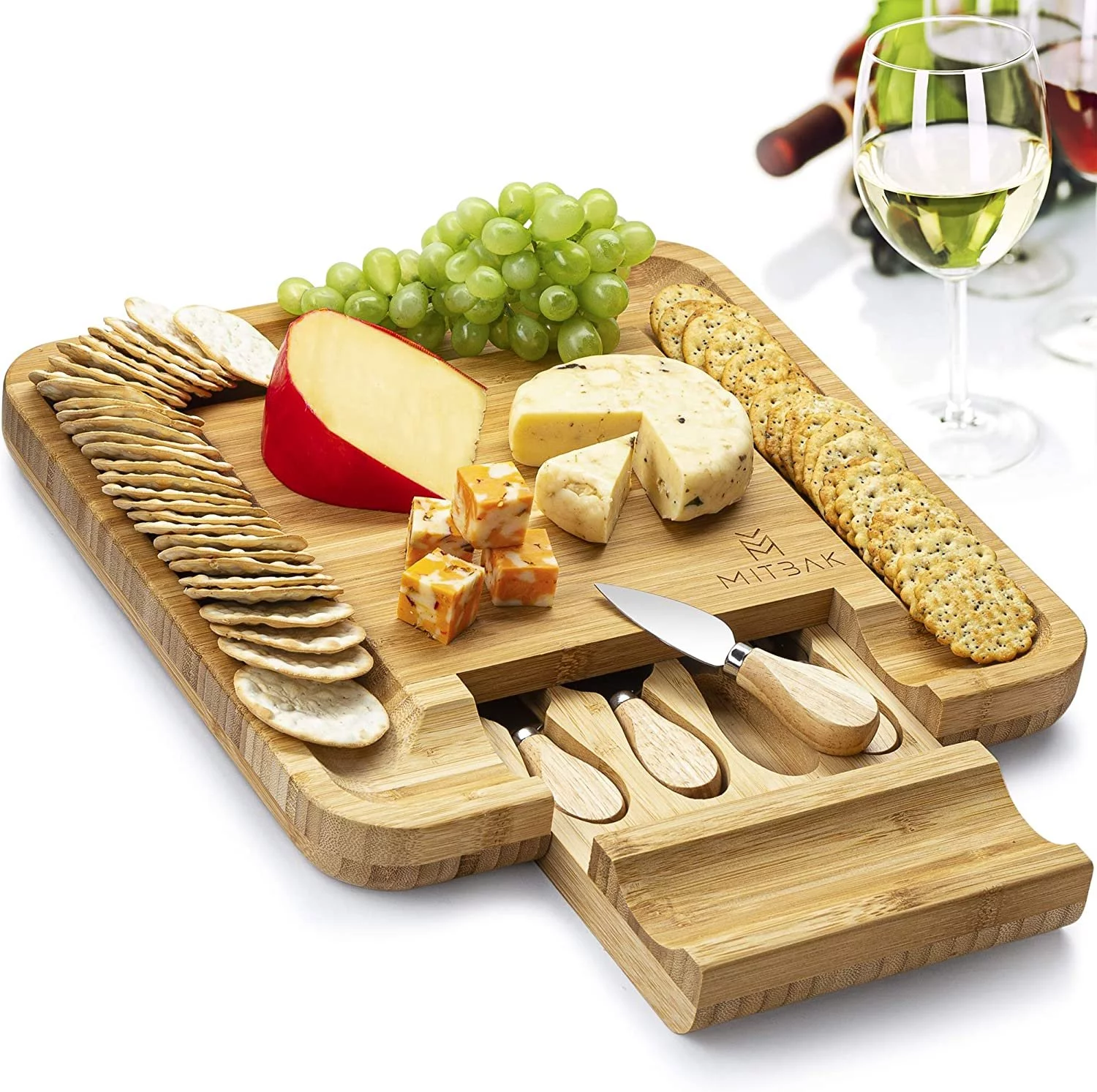 Mitbak Cheese Board Tray with 4 Cheese Knives | Bamboo Charcuterie Board Serving Tray | Cutting Board Platter Great Gift For Mothers Day, Anniversary, Bridal Shower, Wedding | 13 x 13 x 1 Inches