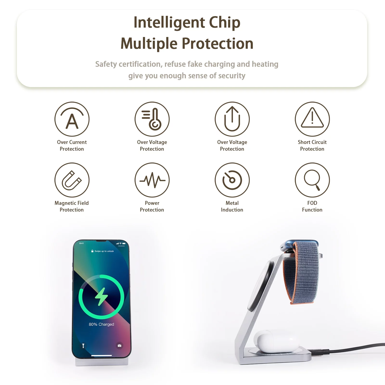 SUPER JOY 3-in-1 Magnetic Wireless Charging Station with 18W Adapter, Mag-Safe Charger Stand with Upgraded Strong Magnet for iPhone iWatch AirPods