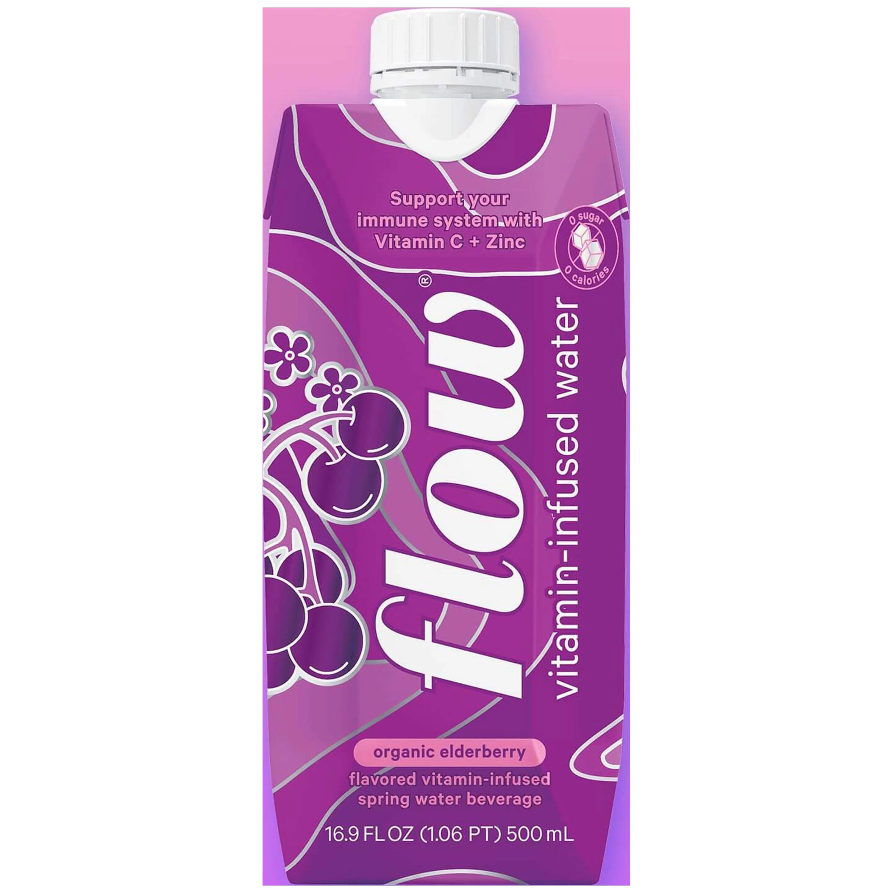 Flow Vitamin Infused Organic Elderberry 100% Natural Alkaline Spring Water, 16.9 fl oz, 12 Ct