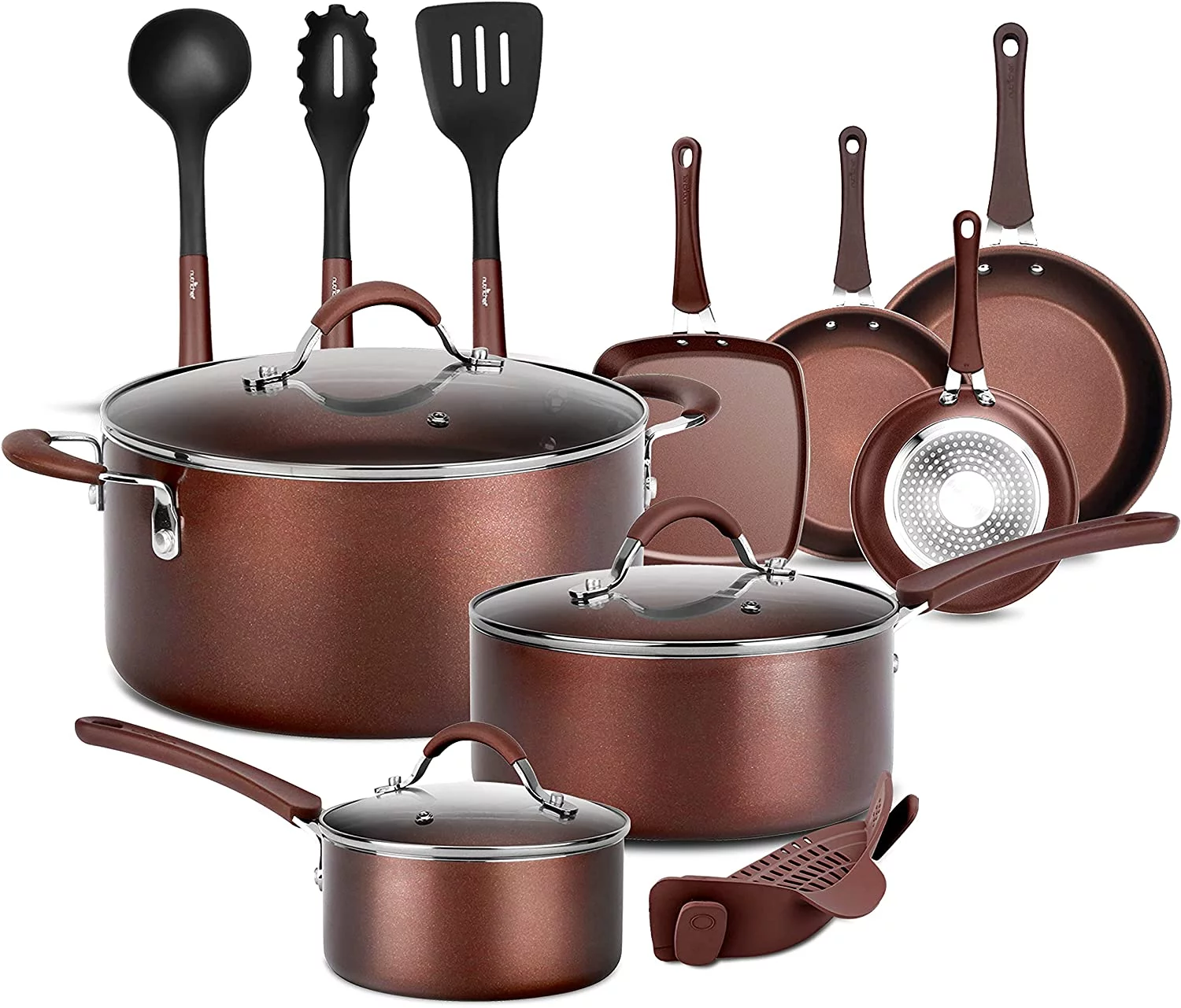 NutriChef Nonstick Cookware Pots & Pans, 14pce Set in Bronze-Aluminum