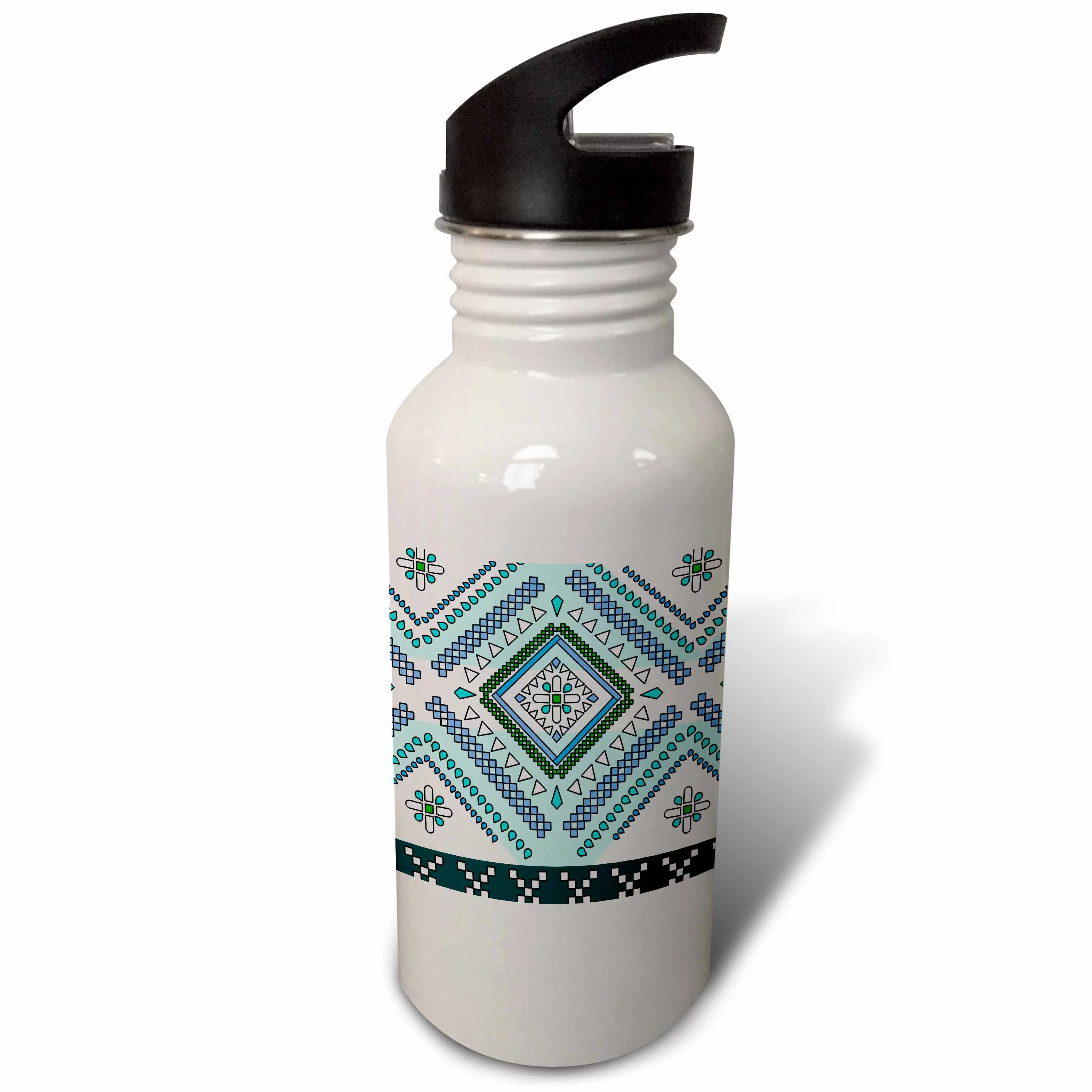Aztec Andes Tribal Diamond Pattern Blue and White 21 oz Sports Water Bottle wb-165800-1
