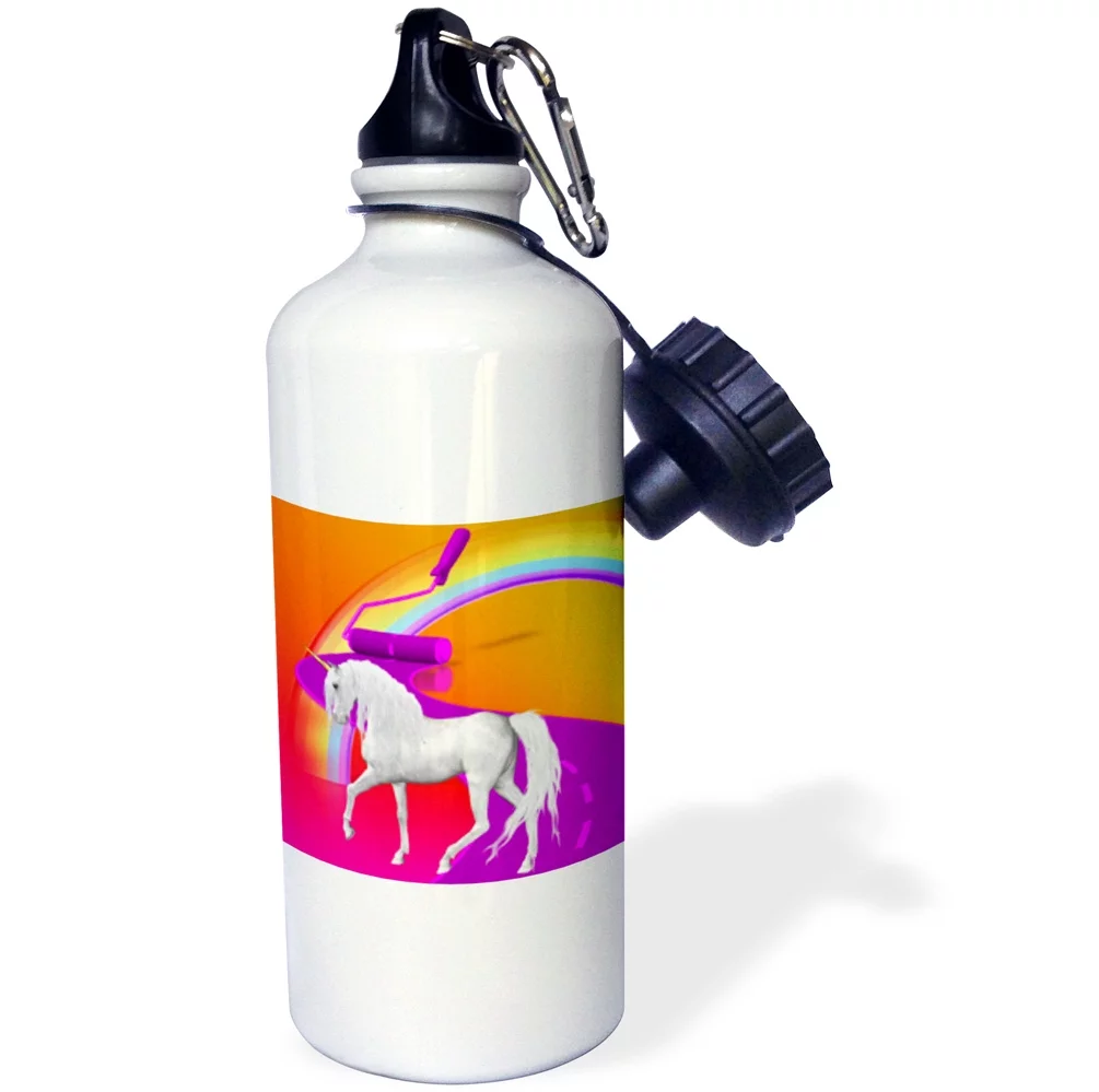 3dRose Painted rainbow with beautiful white Unicorn , Sports Water Bottle, 21oz