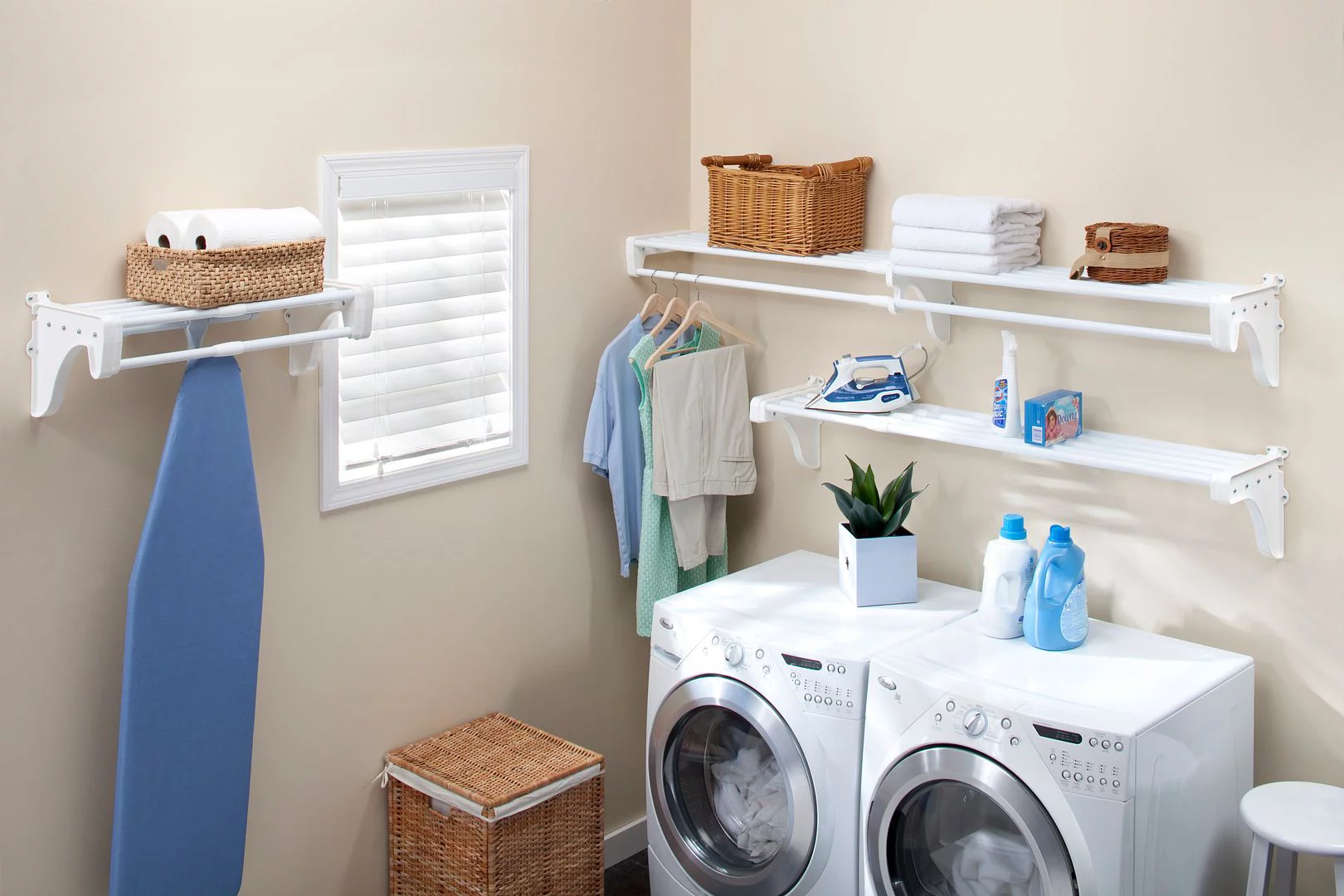 ez shelf - diy expandable organizer shelves for laundry & utility room - over washer & dryer wall storage - wire shelving alternative - 2 shelf pack, expands from 64 to 120