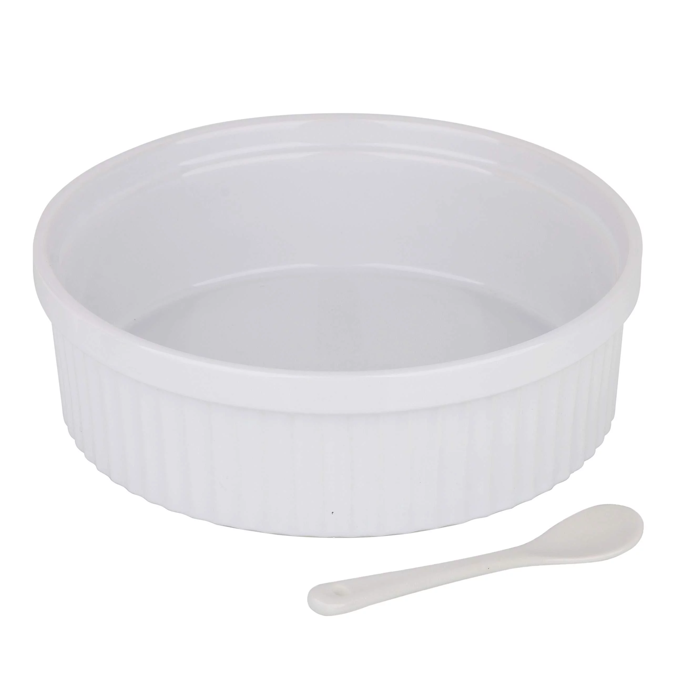 Souffle Dish Ramekins for Baking -32 Oz, 1 Quart Large Ceramic Oven Safe Round Fluted Ramekin Bowl with Mini Condiment Spoon for Souffle Pot Pie Casserole Pasta Roasted Vegetables Baked