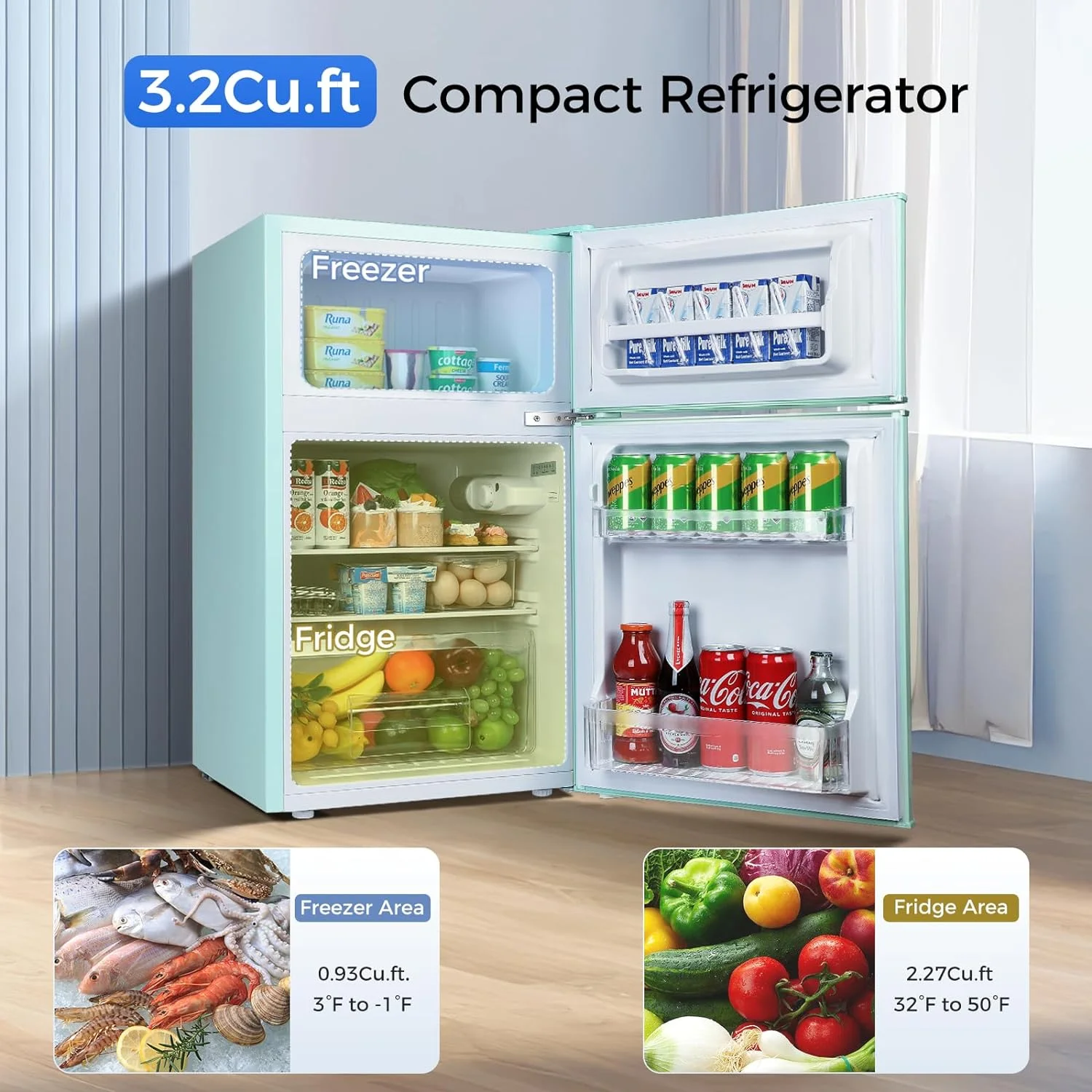 Mini Fridge With Freezer,3.2 Cu.Ft Compact Mini Refrigerator With Double 2 Door,Adjustable Temperature,Full Size For Home,Kitchen,Dorm,Apartment, Green