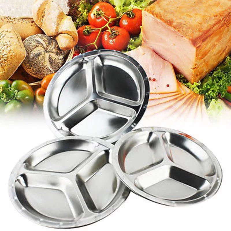Stainless Steel 3 Sections Round Divided Dish Dia 22/24/26cm Snack Dinner Plate 26cm