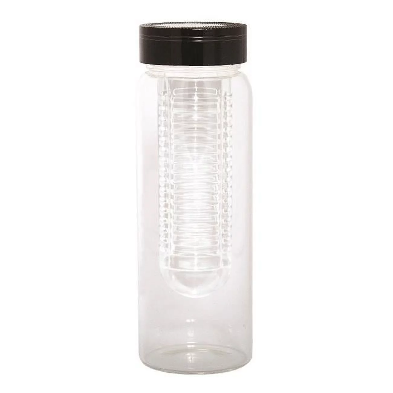 Debco WB8437 500 ml 17 oz Water Bottle with Fruit Infuser - Clear Glass Bottle / Black Lid